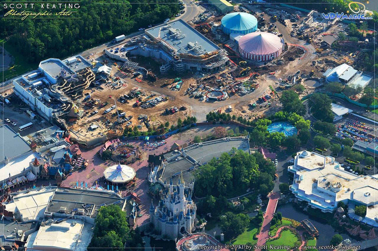 The foundations for Dumbo are visible on the far right hand side of the image along with the queue building