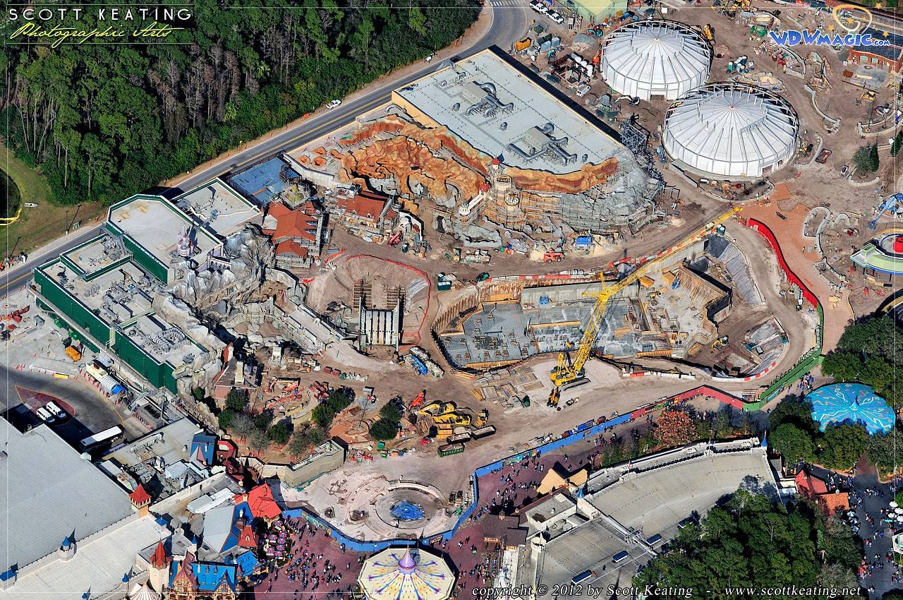 Storybook Circus in the top right, Little Mermaid upper center, Beauty and the Beast far left, Seven Dwarfs Mine Train Coster center