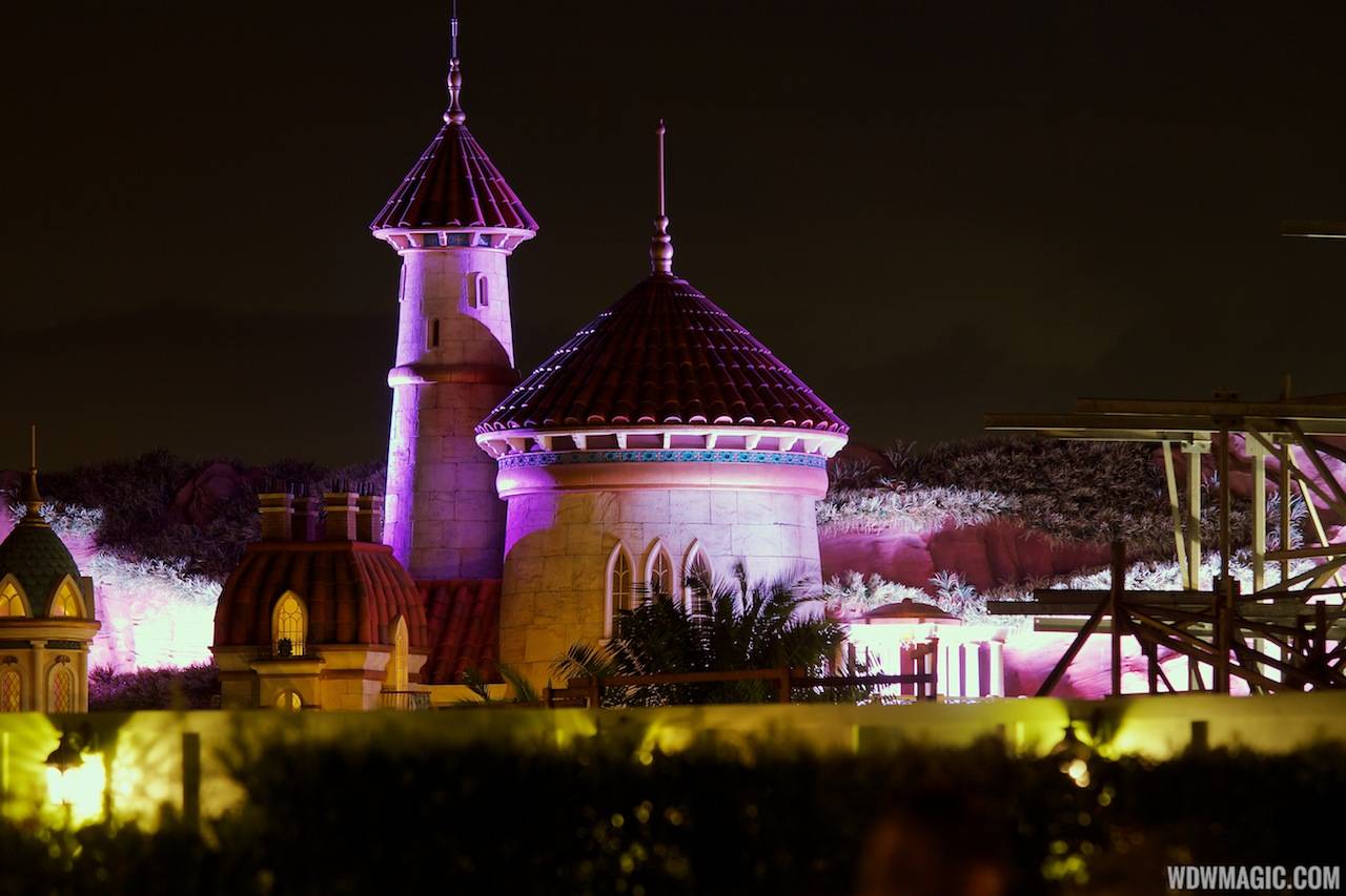 Prince Eric's Castle at nighttime