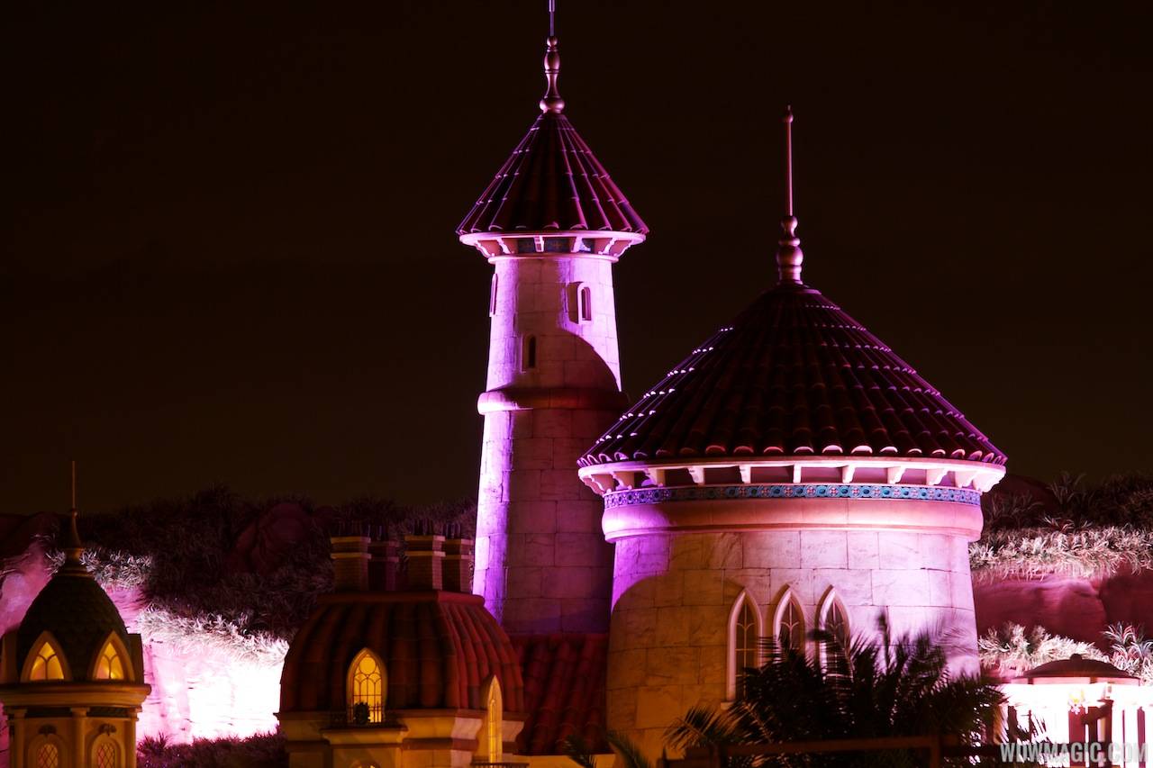 Prince Eric's Castle at nighttime