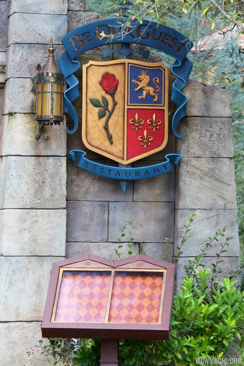 New Fantasyland Enchanted Forest - Be Our Guest Restaurant entrance sign and menu board
