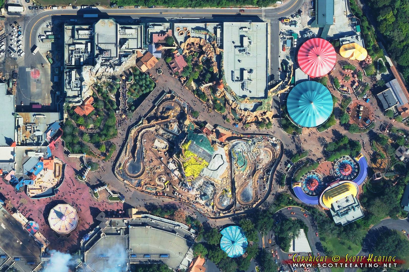 Aerial view of the Seven Dwarfs Mine Train coaster construction