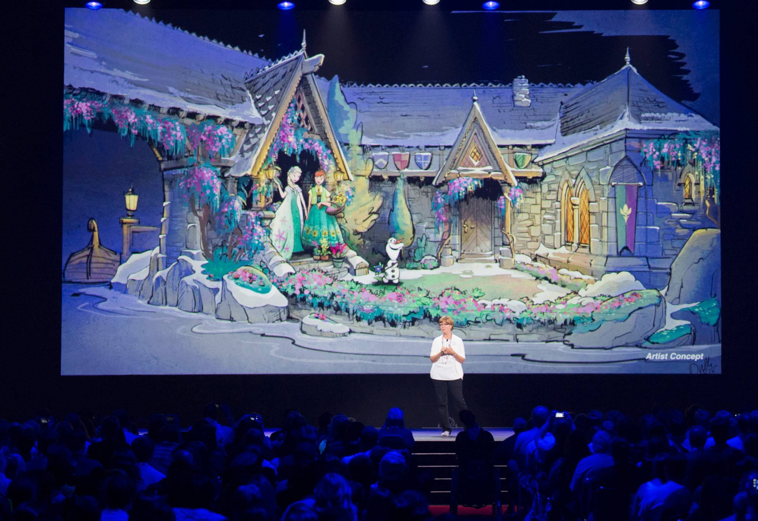 Imagineer Kathy Mangum showing Frozen Ever After concept art at D23