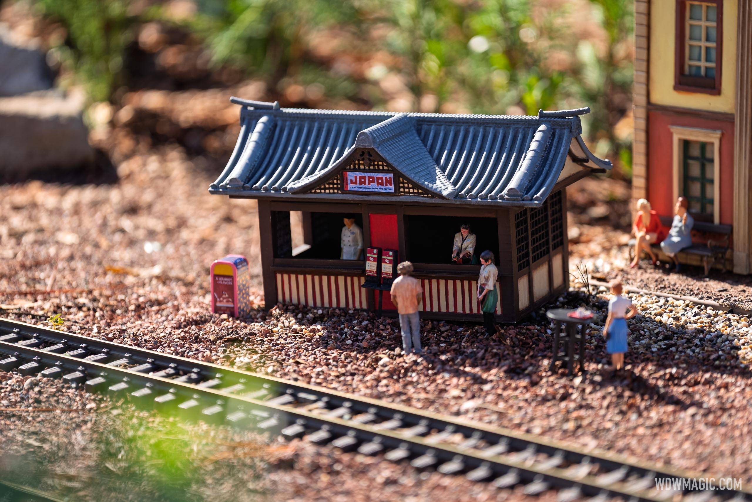 The Japan booth miniature in the Germany pavilion train garden features tiny figures browsing the counter beneath a traditional curved tile roof
