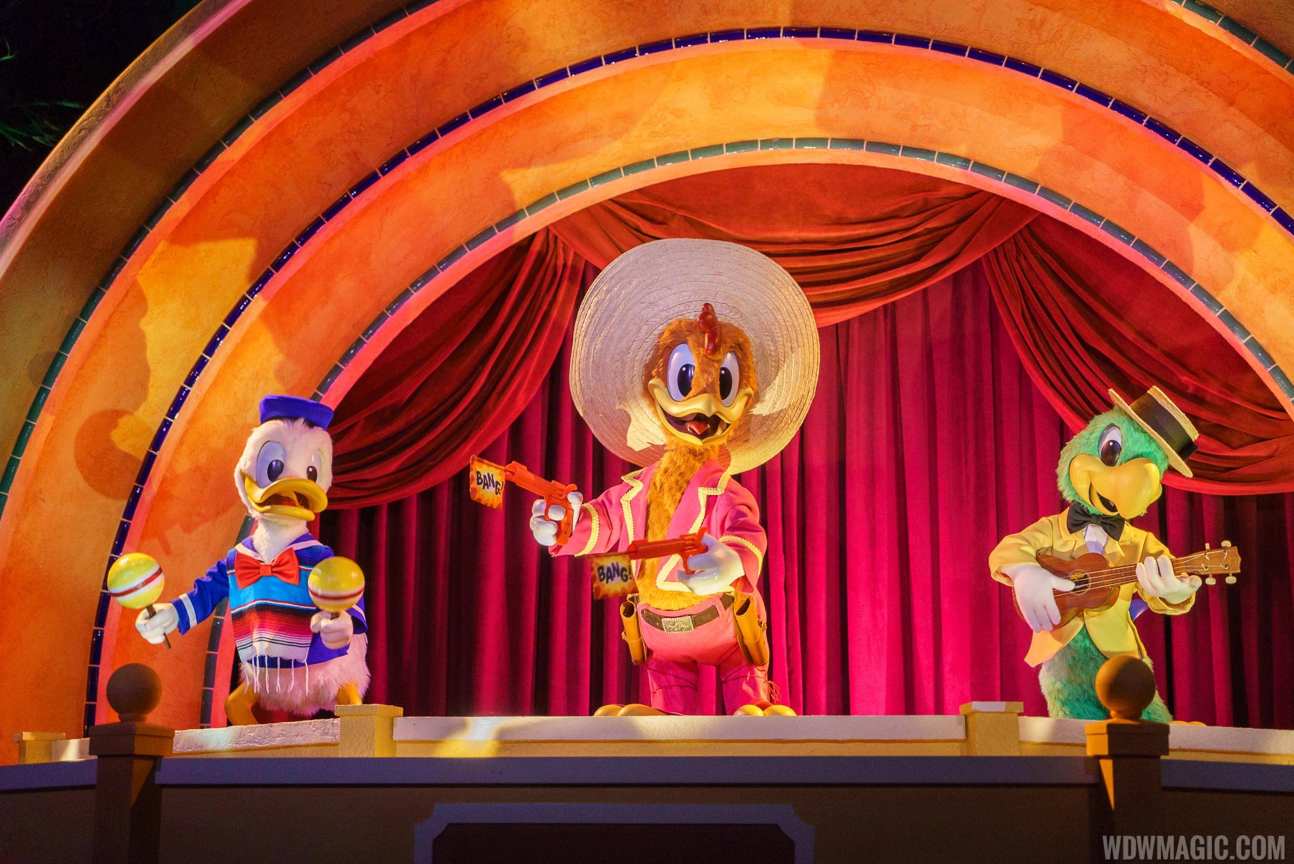 Panchito, José Carioca, and Donald Duck at the Gran Fiesta Tour