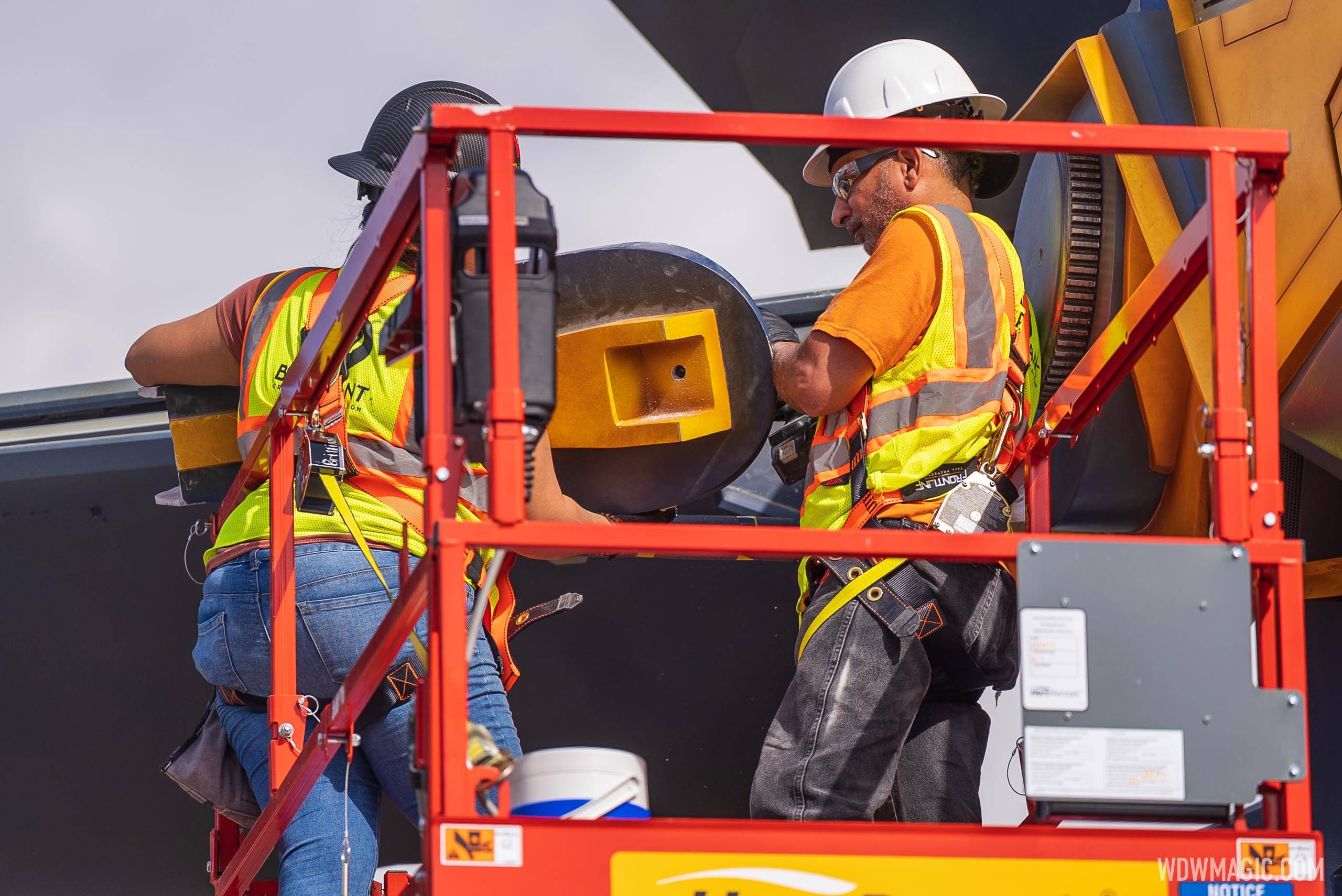 More pieces are being bolted onto the Guardians of the Galaxy Starblaster ship at EPCOT
