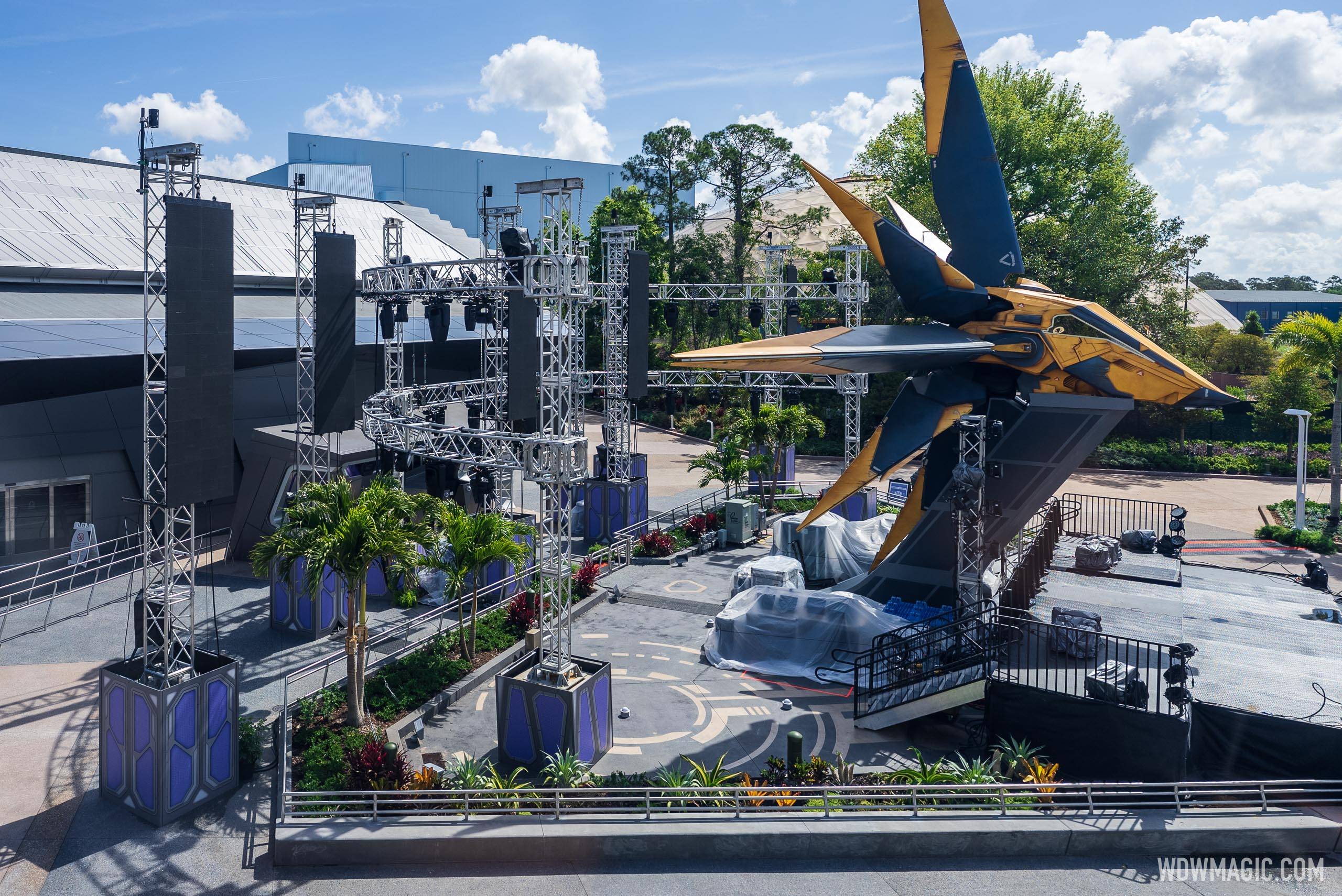 Elaborate stage setup for dedication ceremony of EPCOT's Guardians of the Galaxy Cosmic Rewind