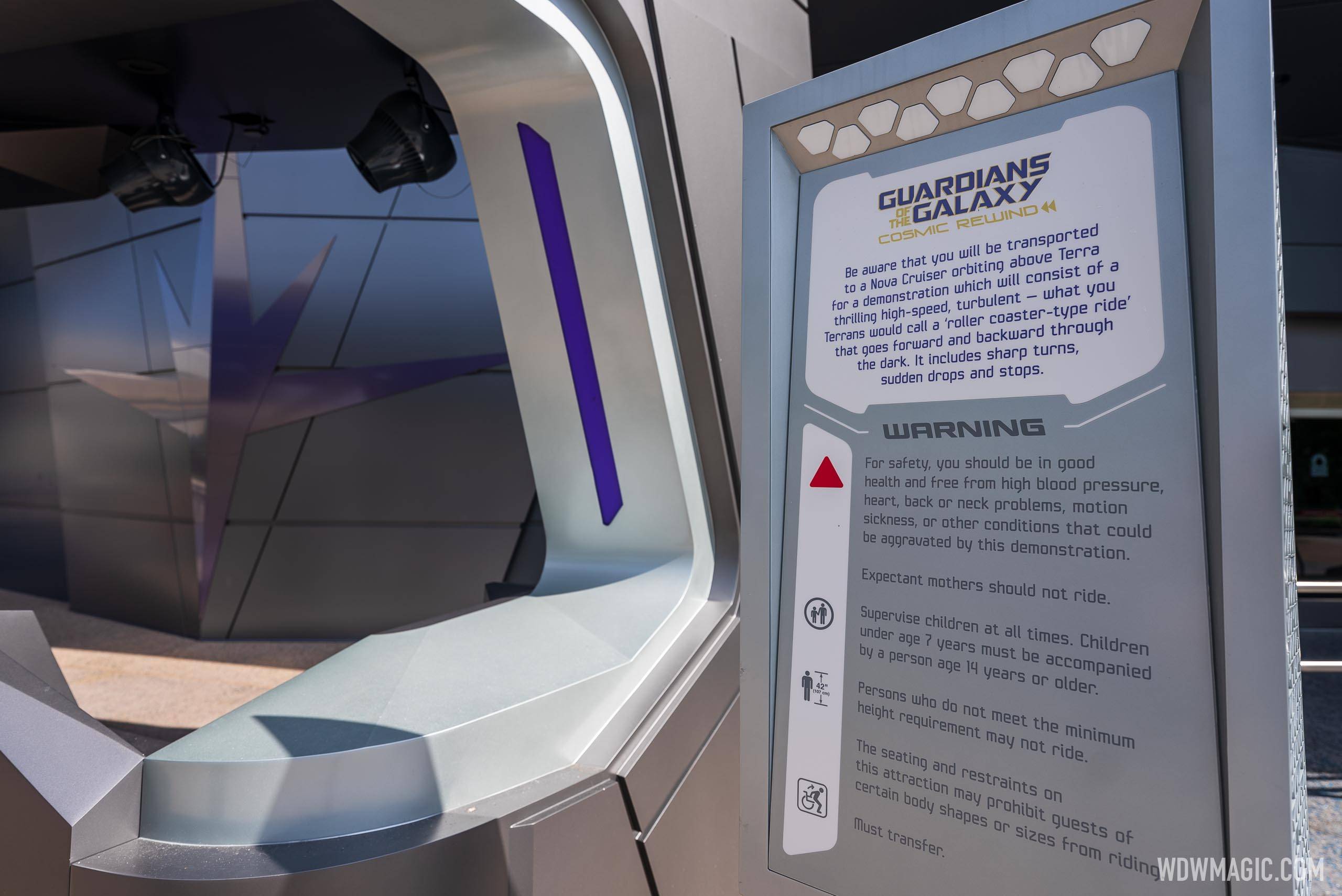 Guardians of the Galaxy Cosmic Rewind safety and warning sign at the entrance