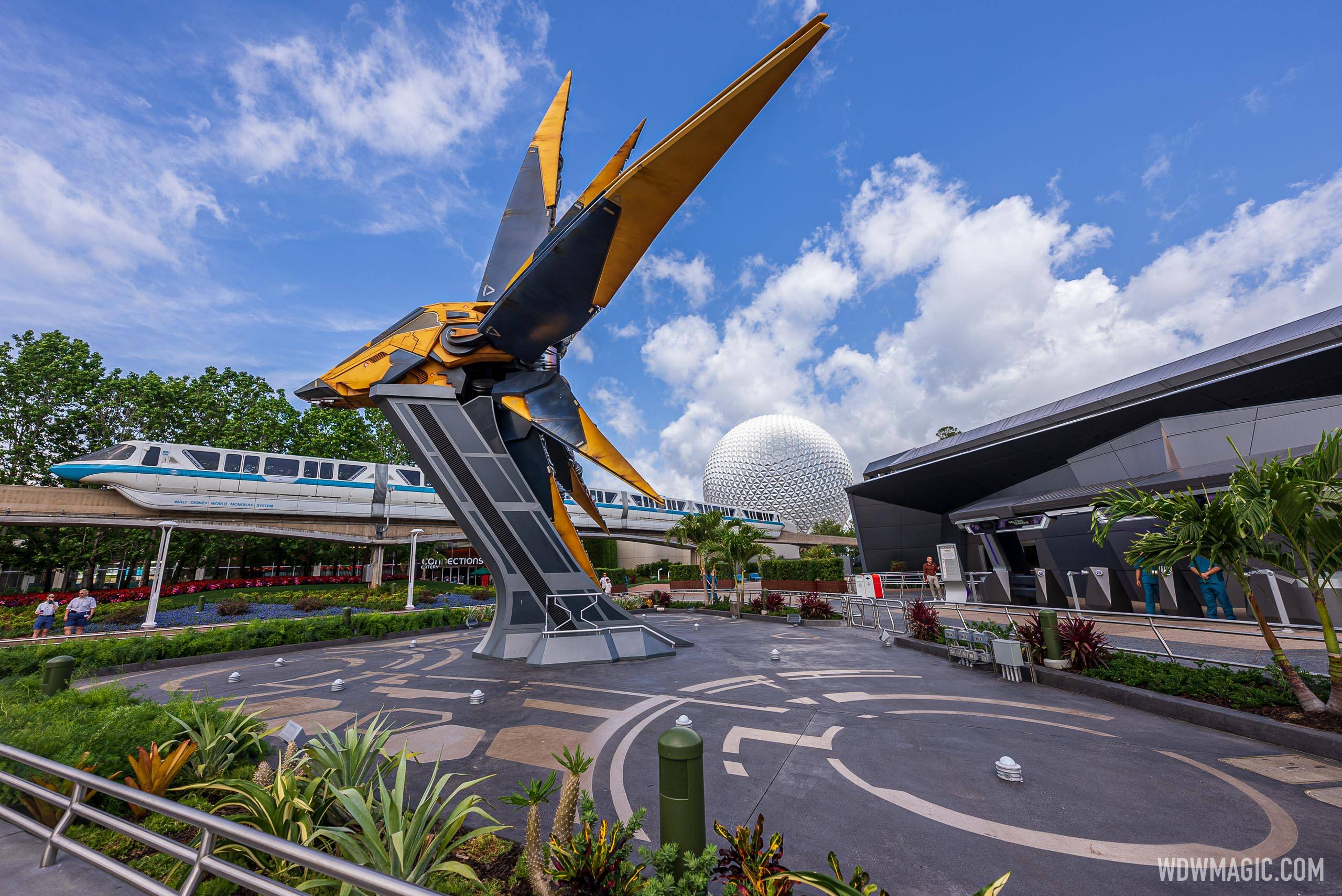 Nova Corps Starblaster with Spaceship Earth and Monorail passing by Guardians of the Galaxy Cosmic Rewind