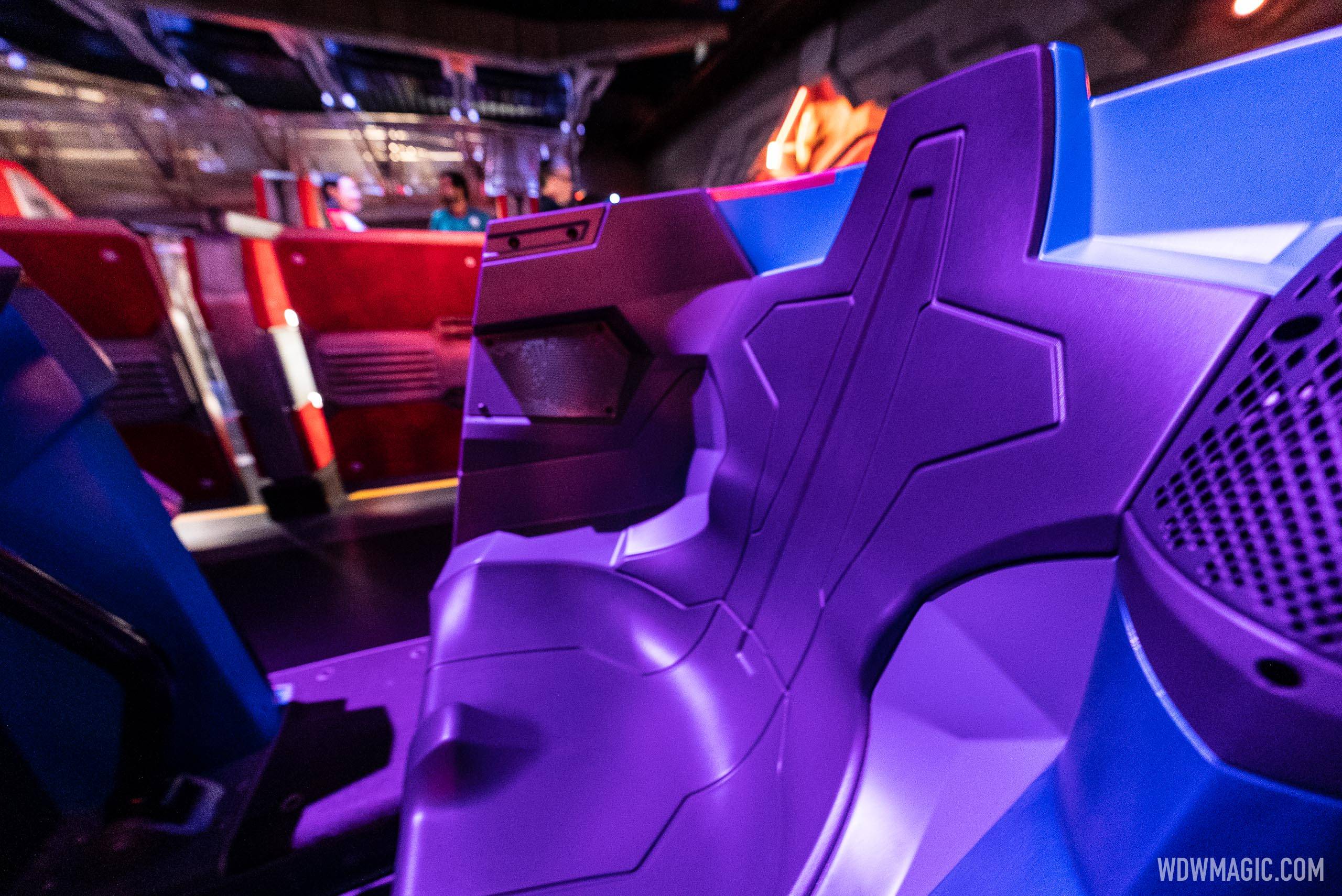 Large comfortable seats on the Cosmic Rewind ride vehicle