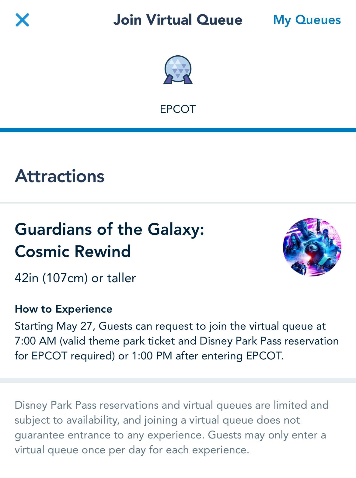Guardians of the Galaxy Cosmic Rewind Virtual Queue screenshot from My Disney Experience