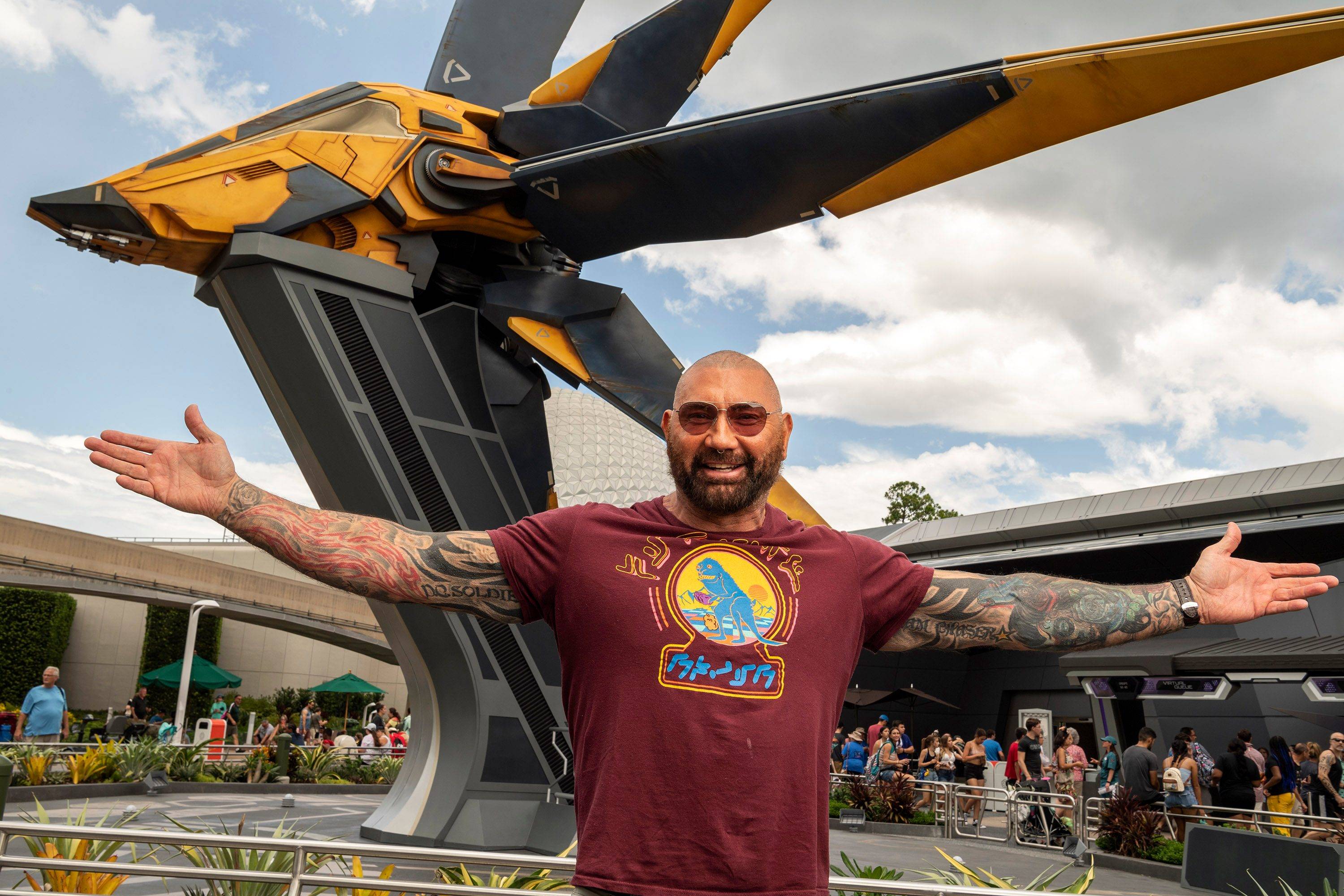 Dave Bautista experiences Guardians of the Galaxy: Cosmic Rewind at EPCOT