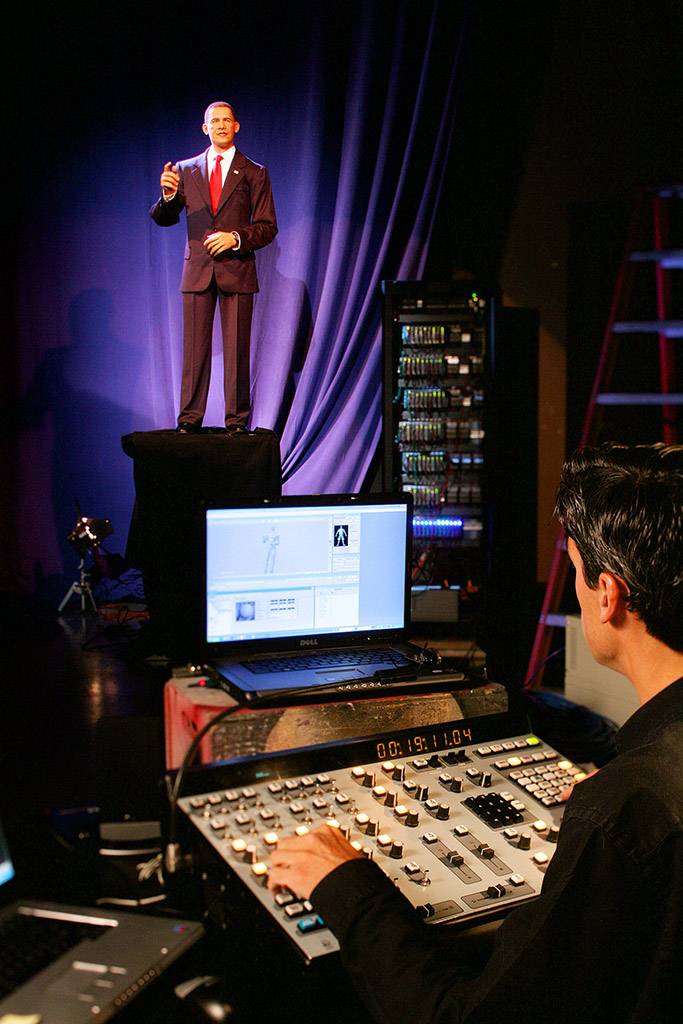 Disney Imagineer John Cutry programs an Audio-Animatronics likeness of President Barack Obama in preparation for the July 2009 re-launch of the Hall of Presidents attraction at Walt Disney World. Copyright 2009 The Walt Disney Company.