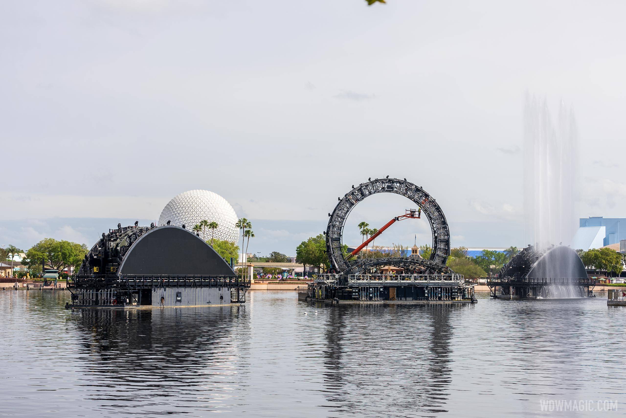 Third Harmonious fin shaped barge now in position on World Showcase Lagoon
