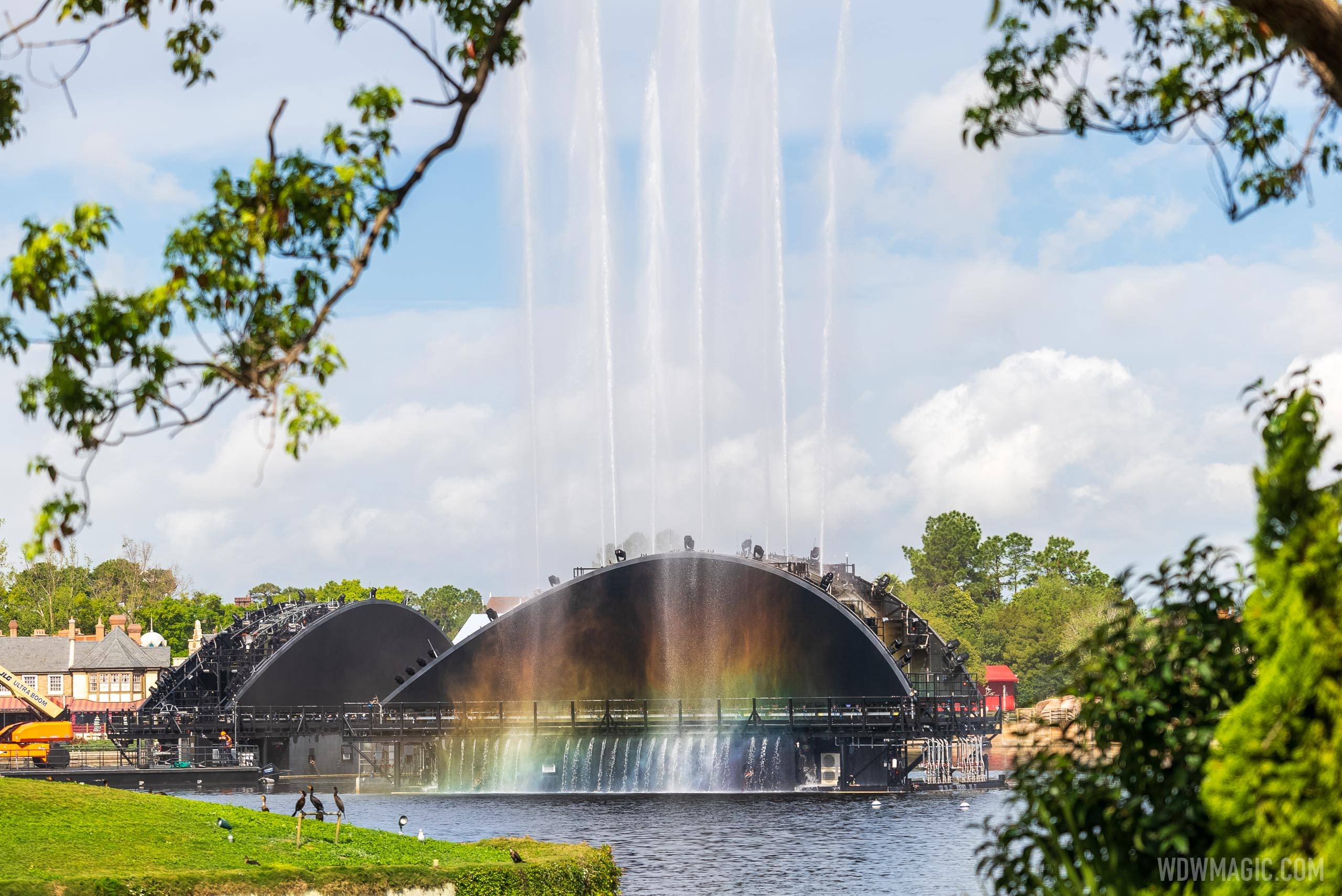 Detailed look at EPCOT'S recent Harmonious fountain and lighting test
