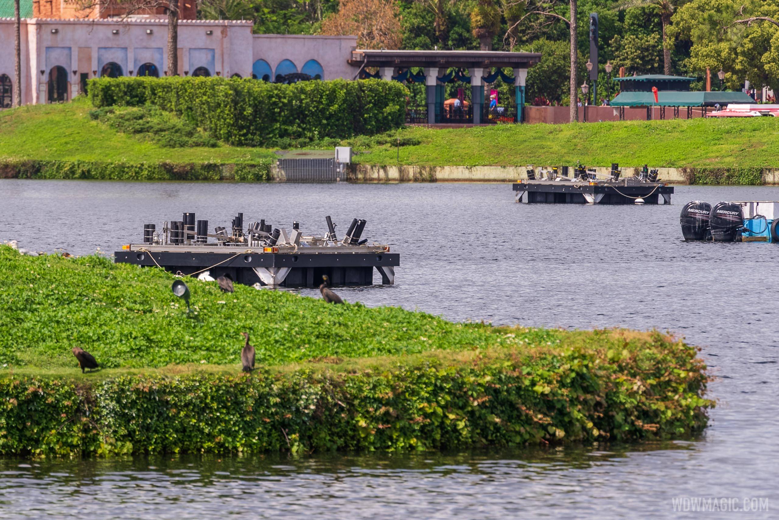 Firework platforms in place in World Showcase Lagoon as Harmonious testing continues