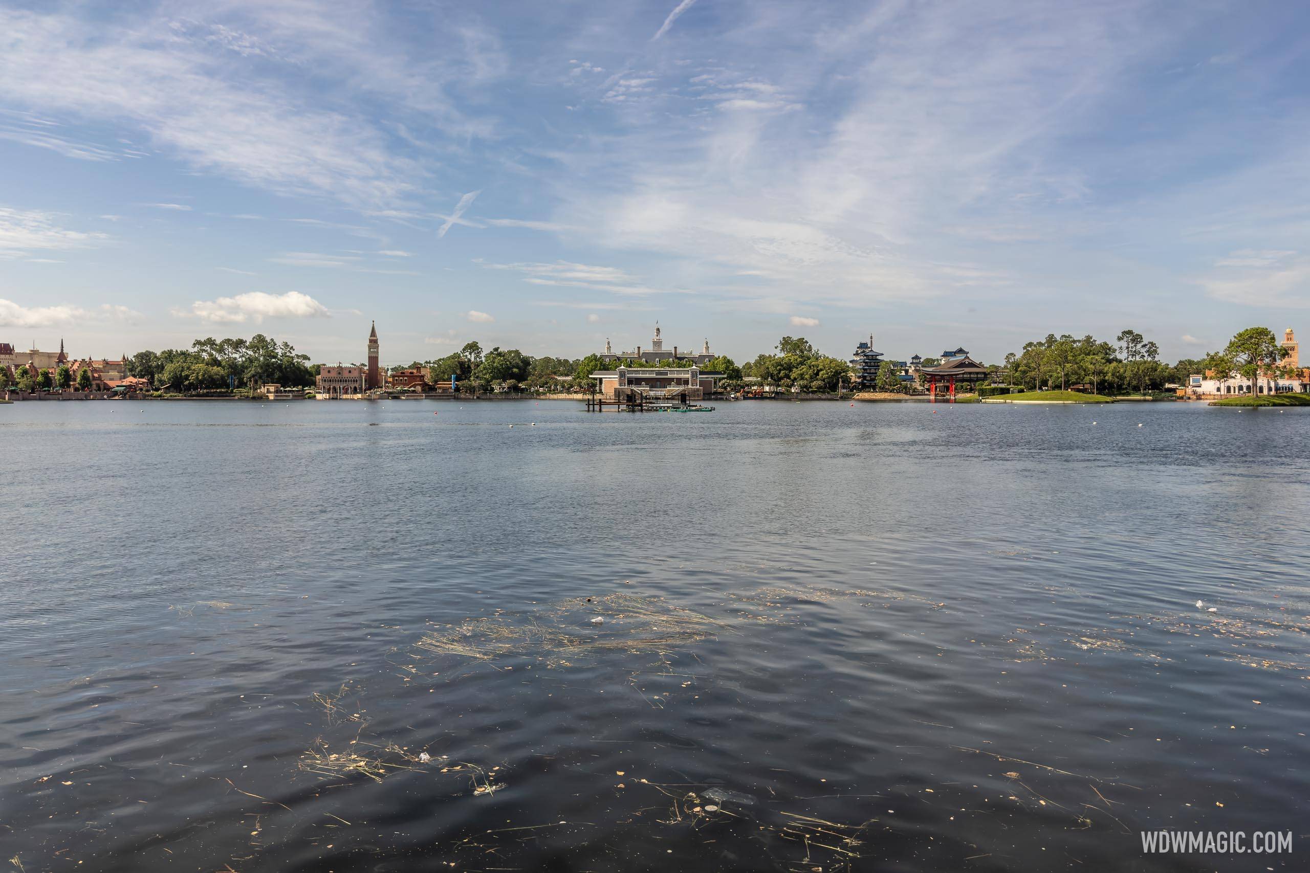 New pilings in World Showcase Lagoon as preparations for EPCOT's new nighttime spectacular continue