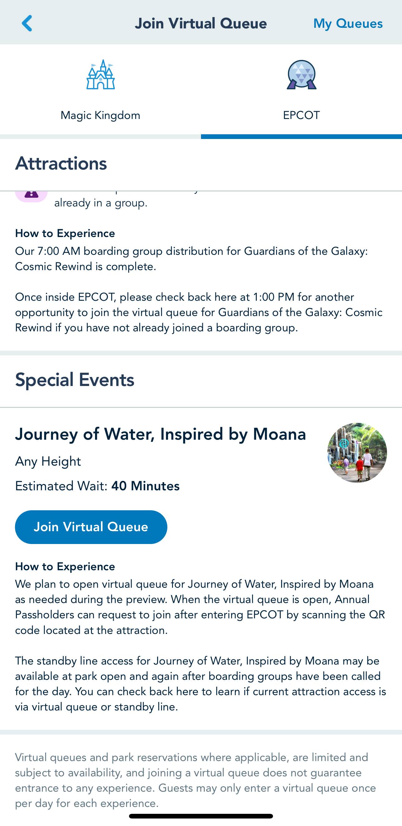 Journey of Water Inspired by Moana Passholder Virtual Queue in My Disney Experience
