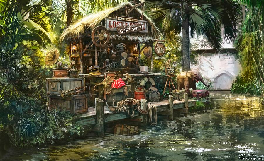 Concept art of the new 'Trader Sam's Gift Shop' scene at the Jungle Cruise
