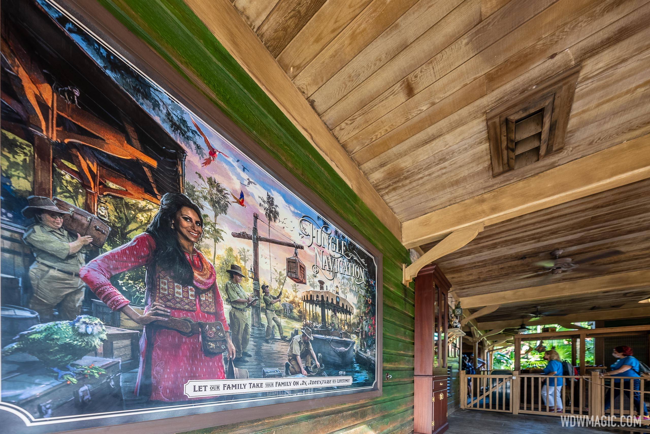 Jungle Cruise entrance area details, murals and portraits