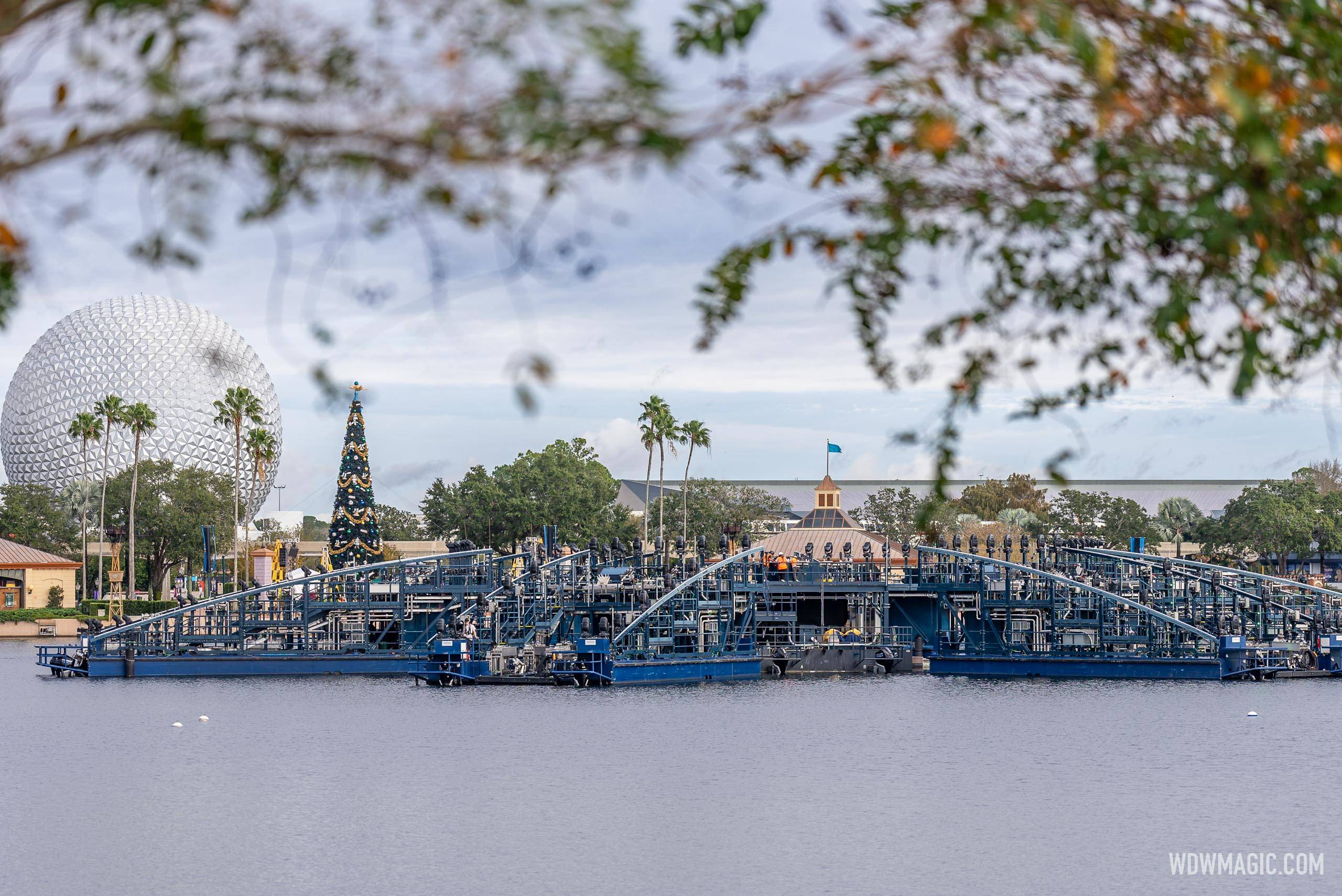 Center barge arrives in World Showcase Lagoon, completing the new hardware for Luminous - The Symphony of Us