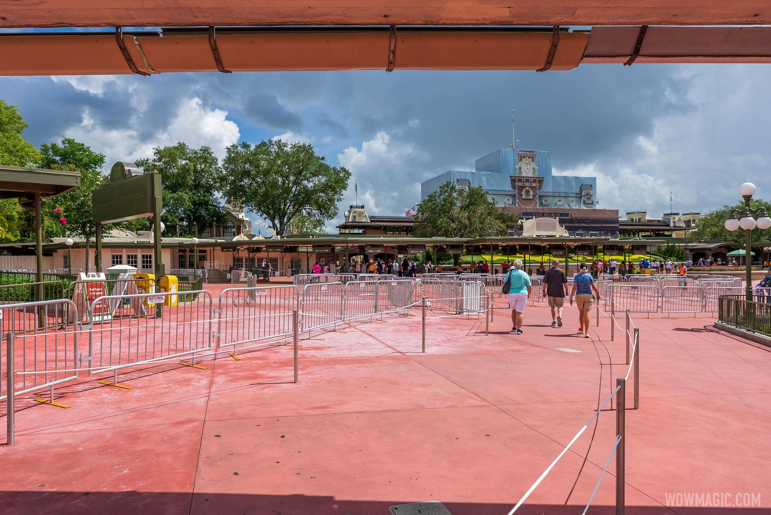 Temporary crowd control fencing at Magic Kingdom main entrance