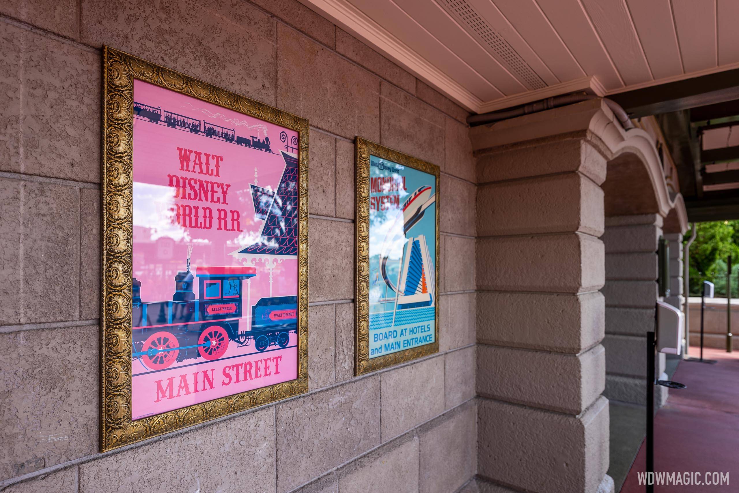 Magic Kingdom vintage attraction posters at the tunnel entrance