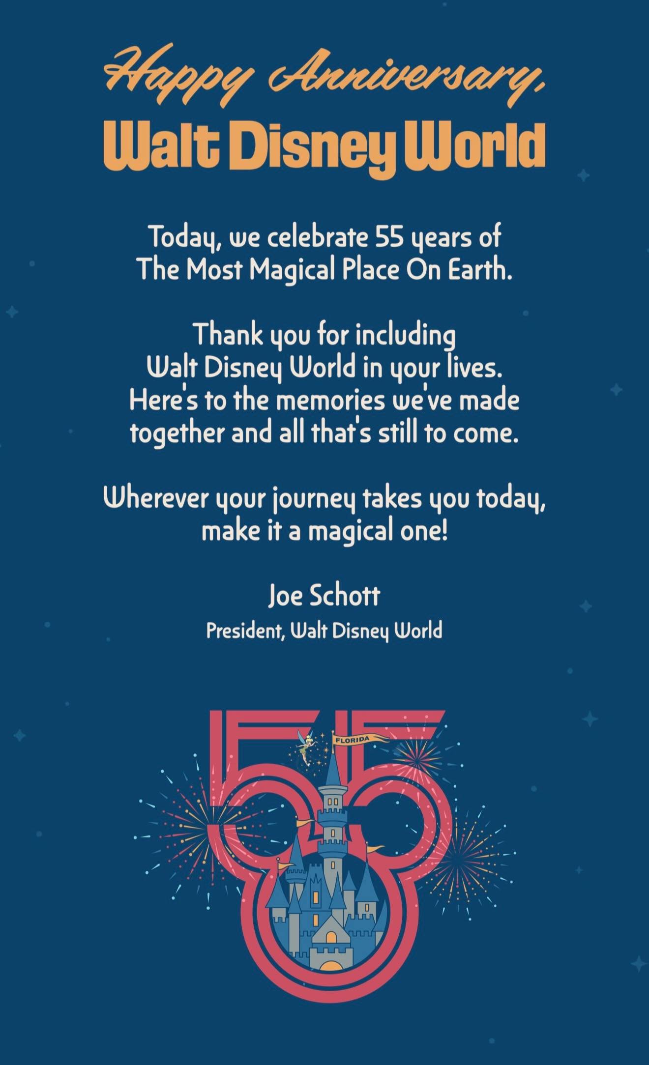The 55th anniversary message signed by Joe Schott, President of Walt Disney World, marks the occasion with a note to guests