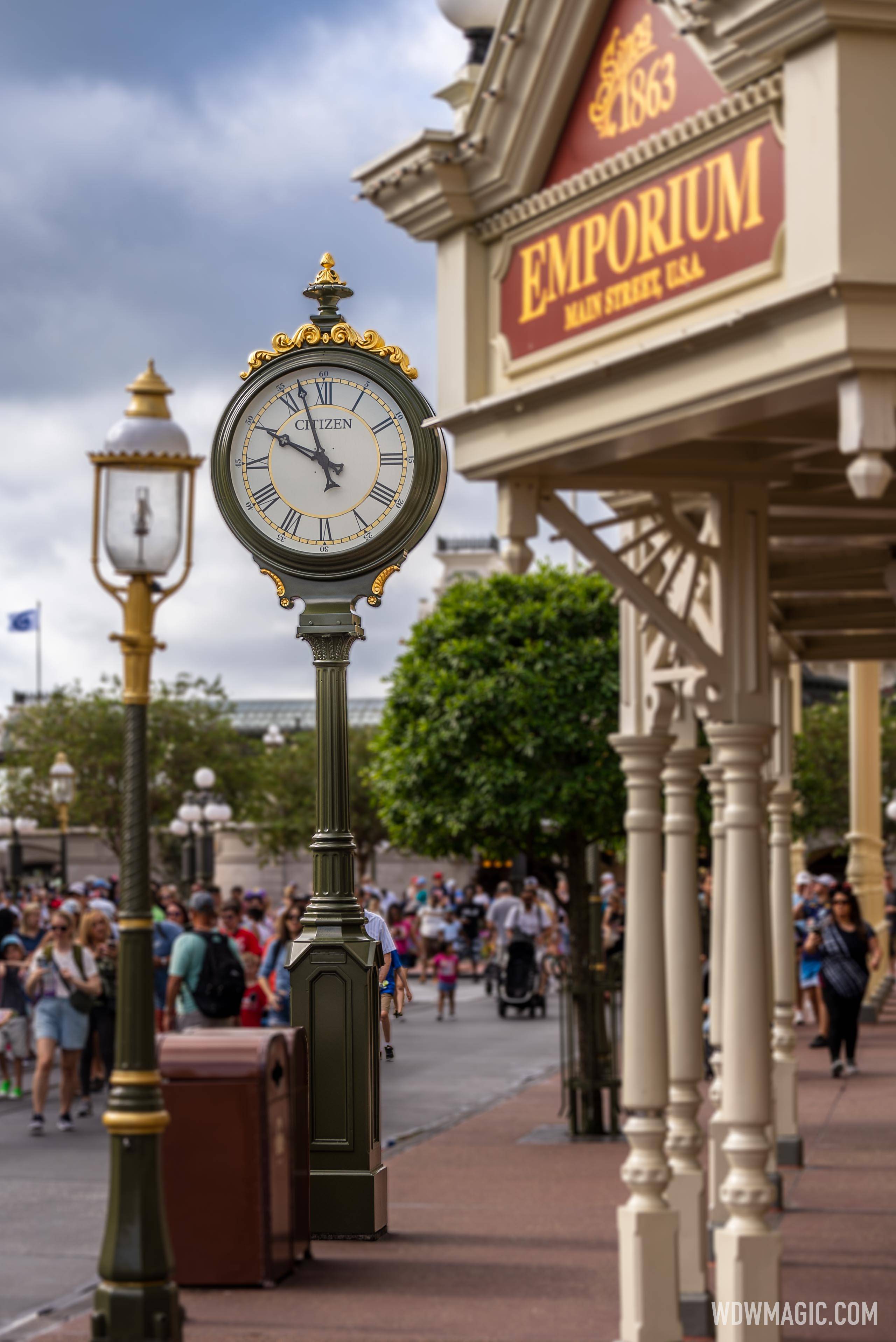 Classic green clock on Main Street U.S.A.