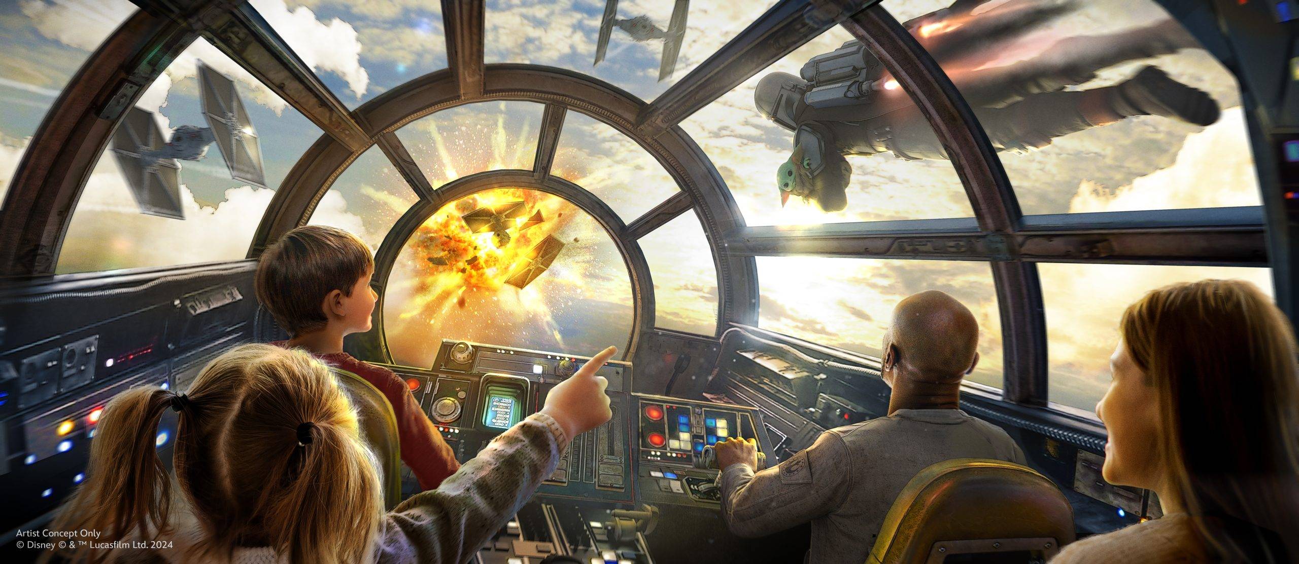 Mando and Grogu Millennium Falcon: Smugglers Run Concept Art