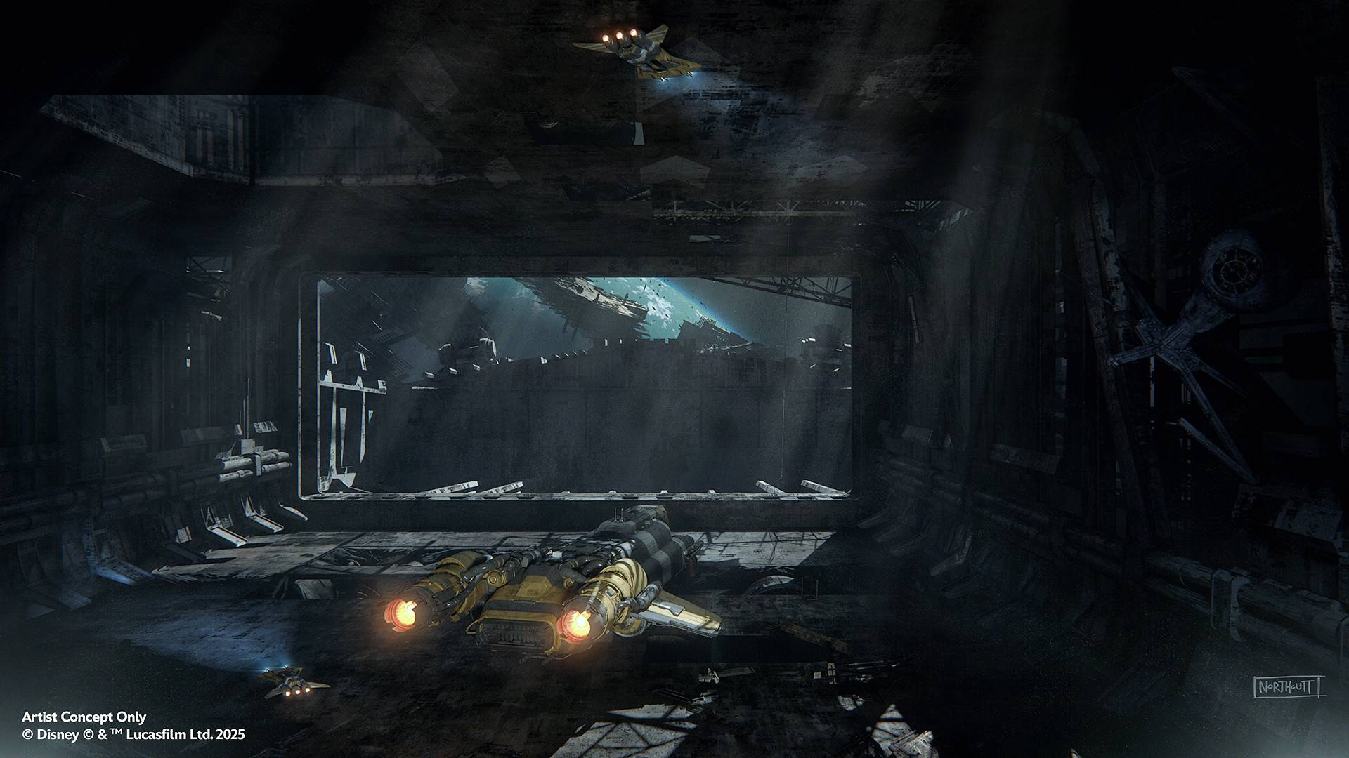 Mando and Grogu Millennium Falcon: Smugglers Run Concept Art