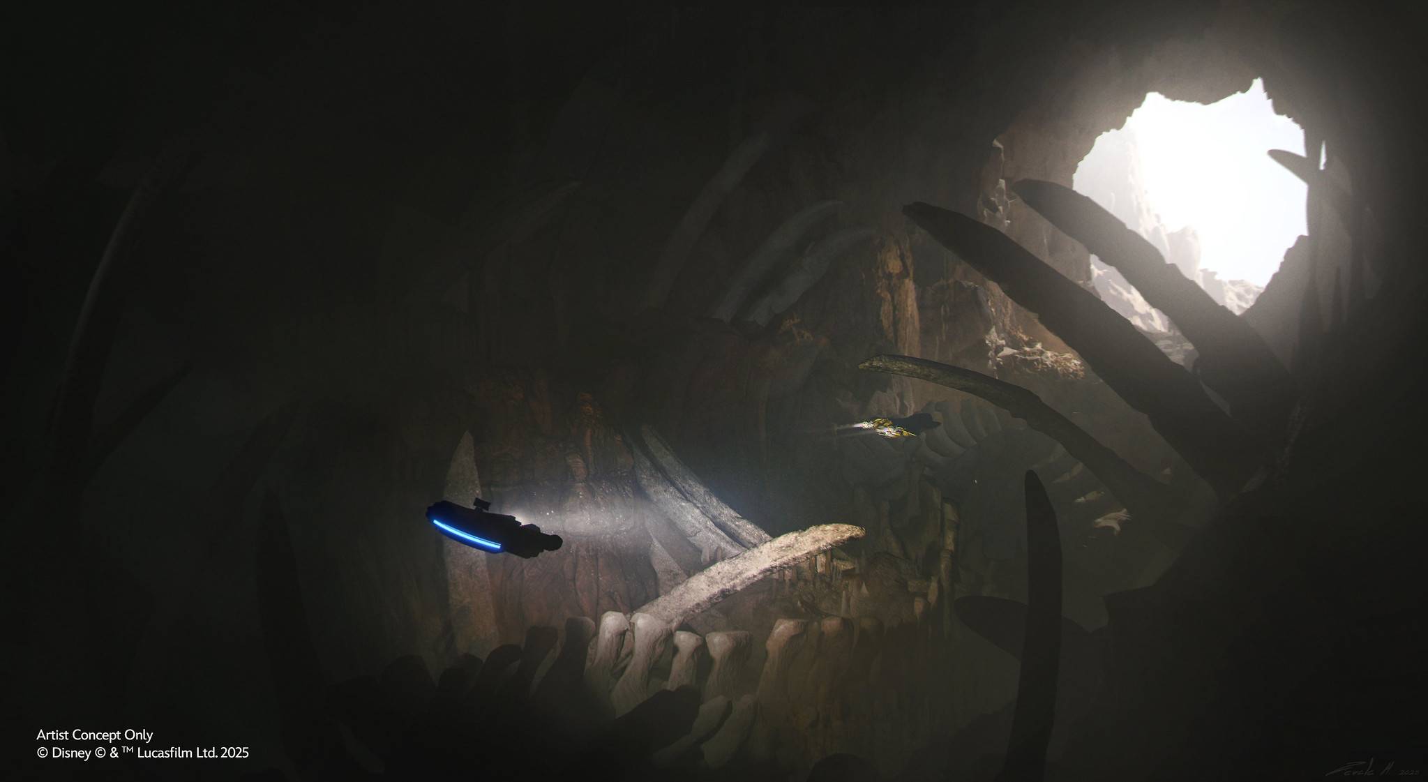 Mando and Grogu Millennium Falcon: Smugglers Run Concept Art