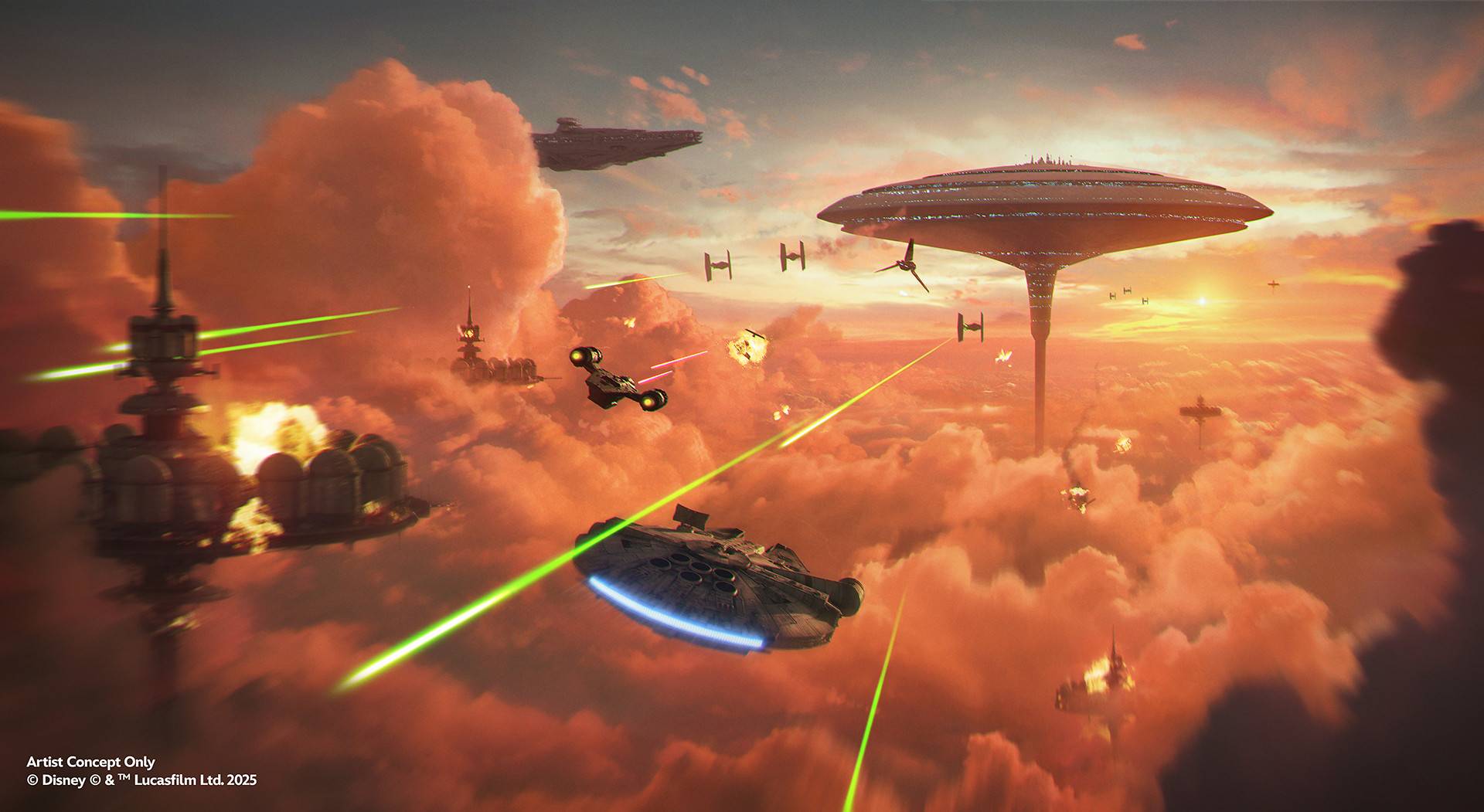 Mando and Grogu Millennium Falcon: Smugglers Run Concept Art