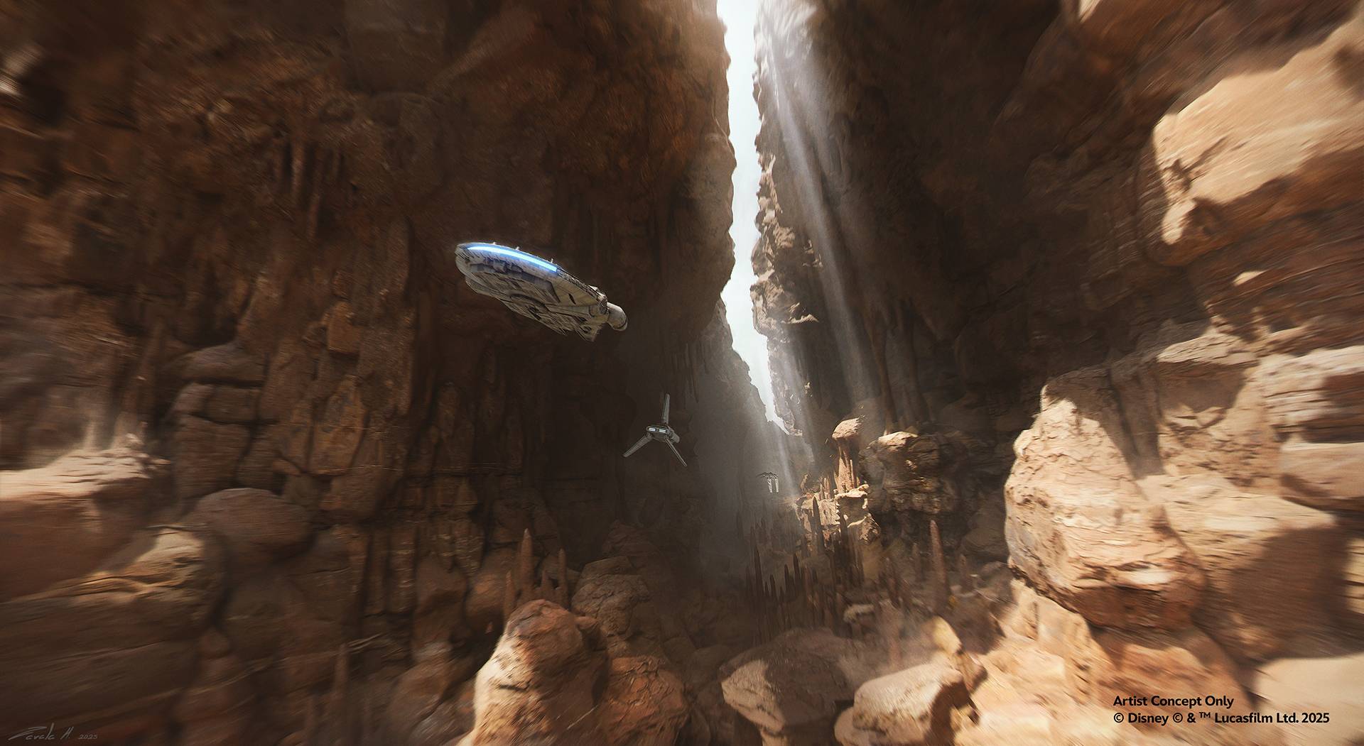 Mando and Grogu Millennium Falcon: Smugglers Run Concept Art