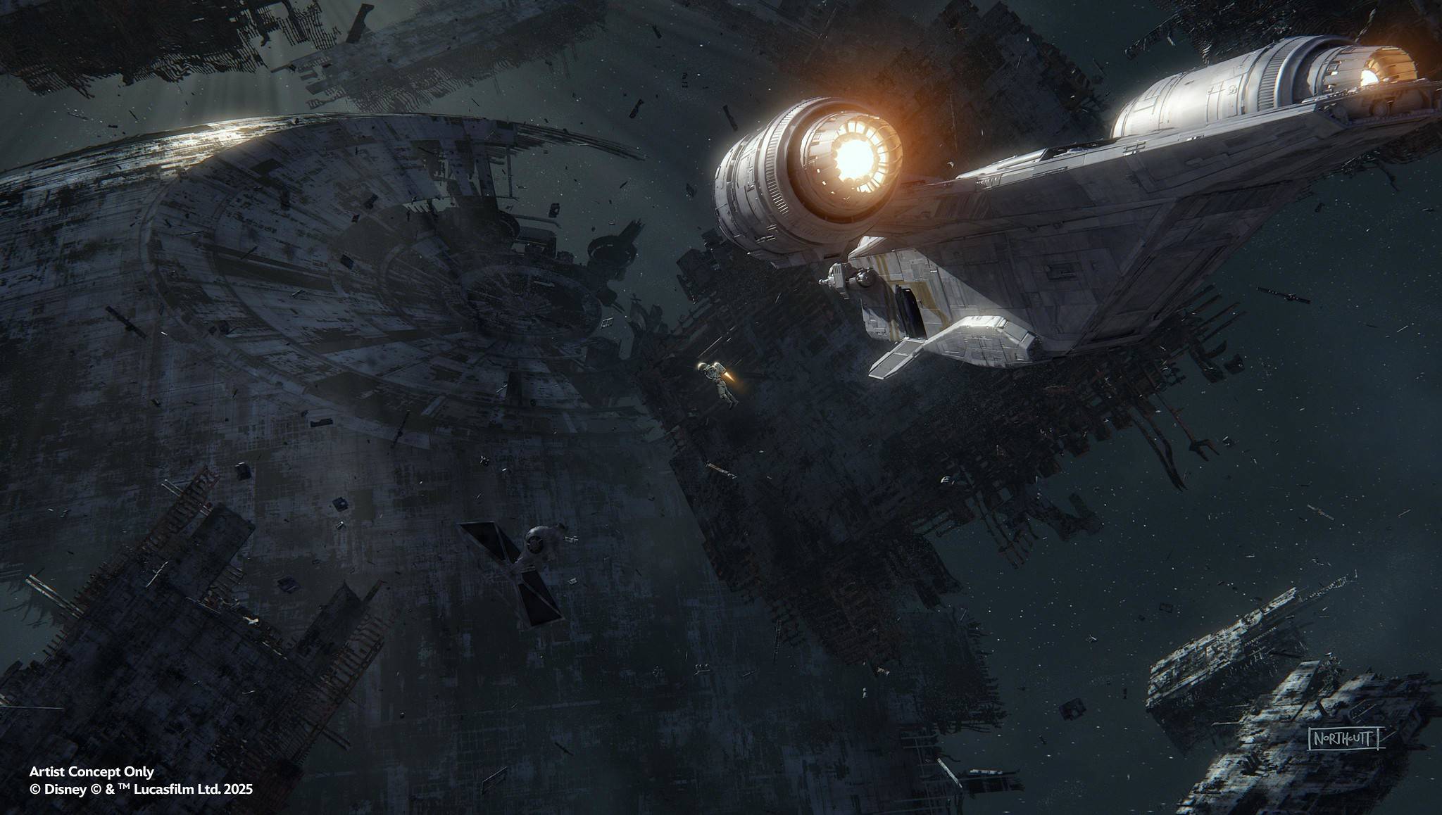Mando and Grogu Millennium Falcon: Smugglers Run Concept Art