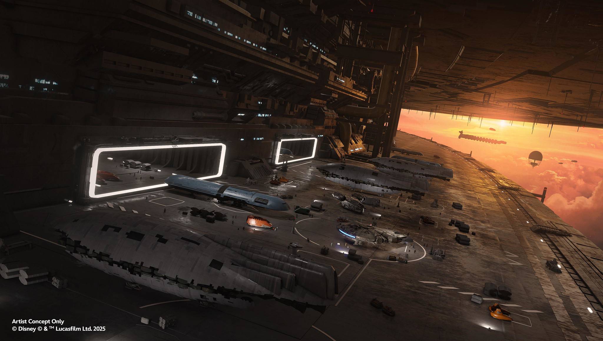 Mando and Grogu Millennium Falcon: Smugglers Run Concept Art
