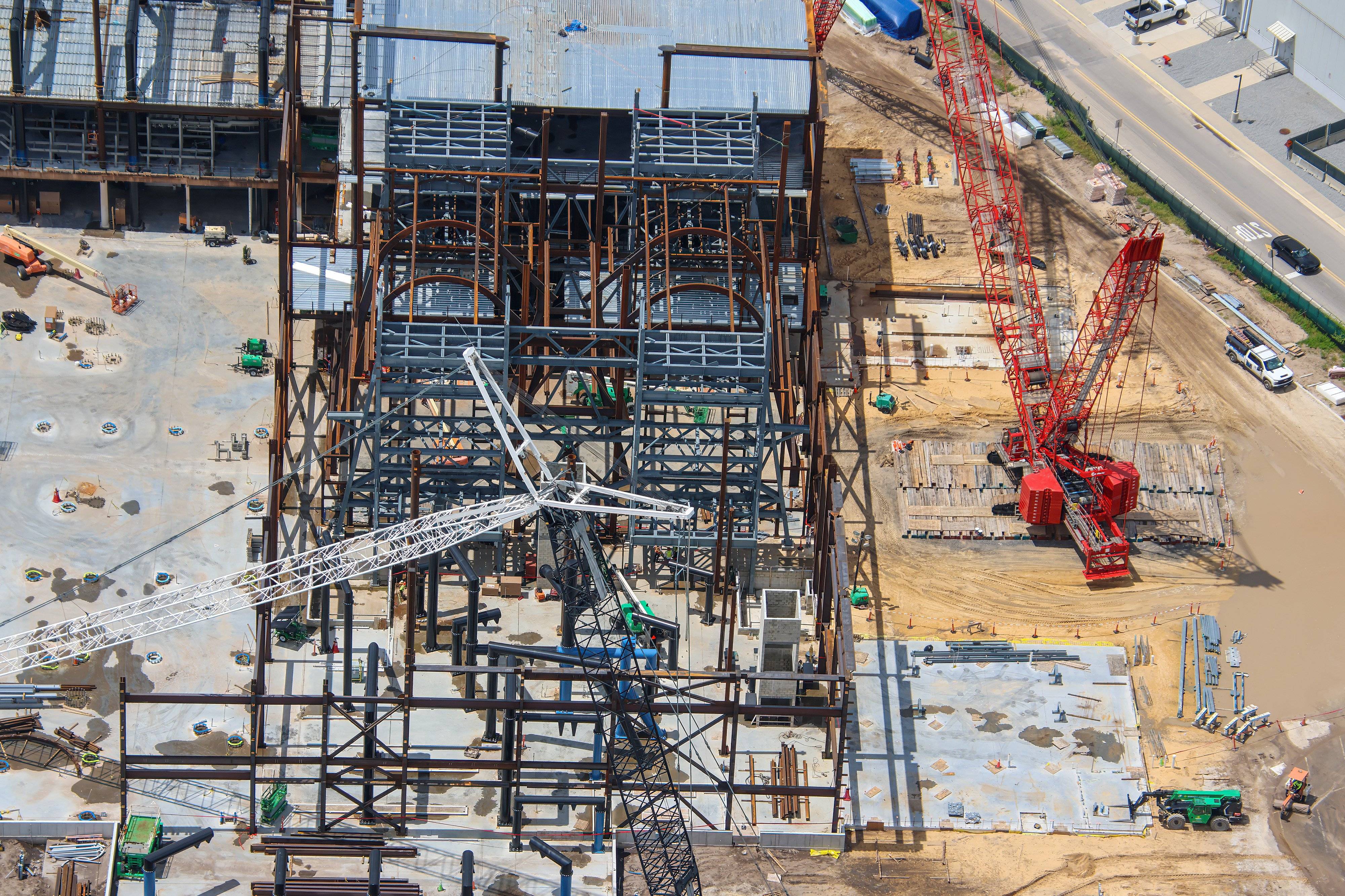 Aerial Views of Monsters Inc Flying Door Coaster Building Progress - August 6 2026