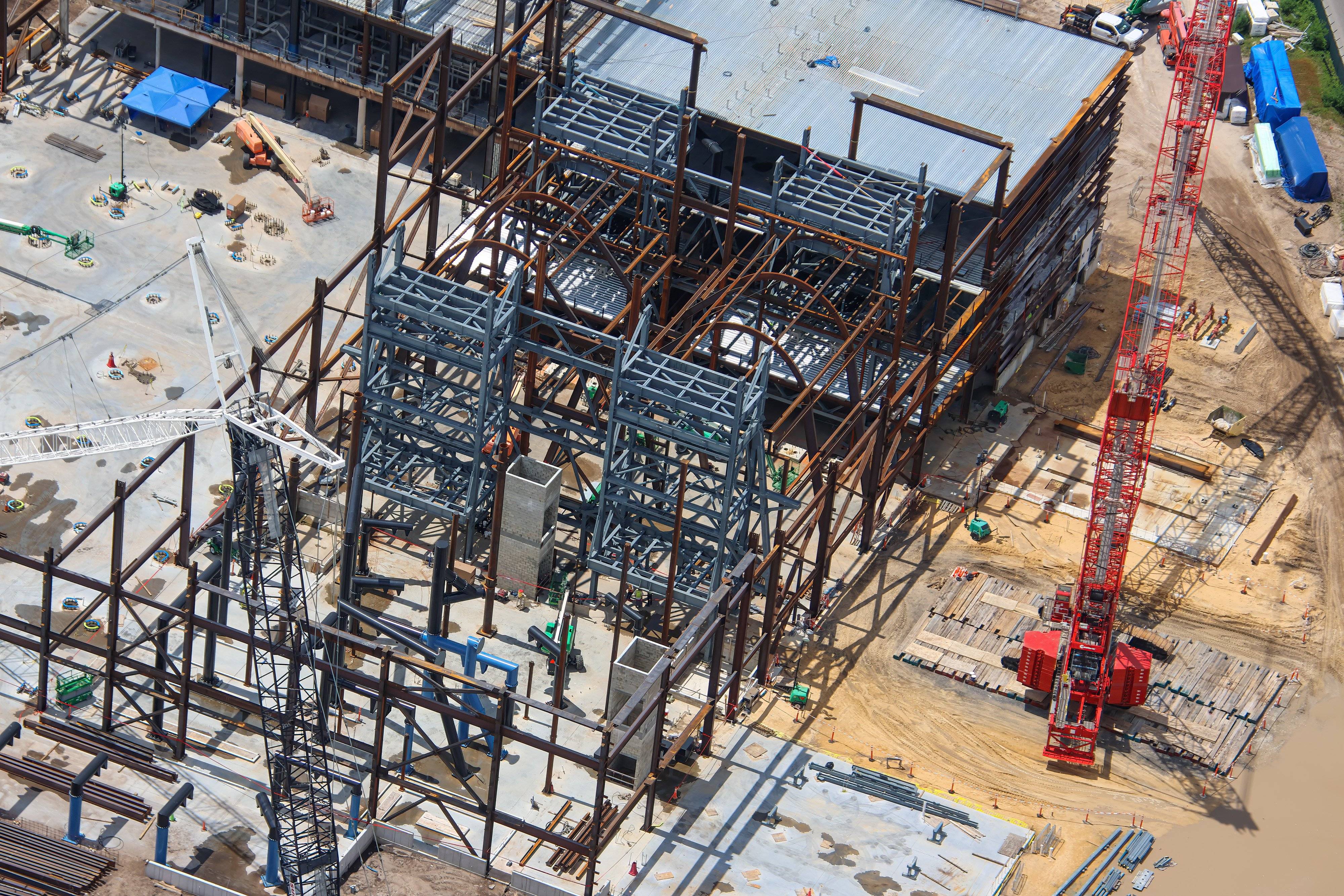 Aerial Views of Monsters Inc Flying Door Coaster Building Progress - August 6 2026
