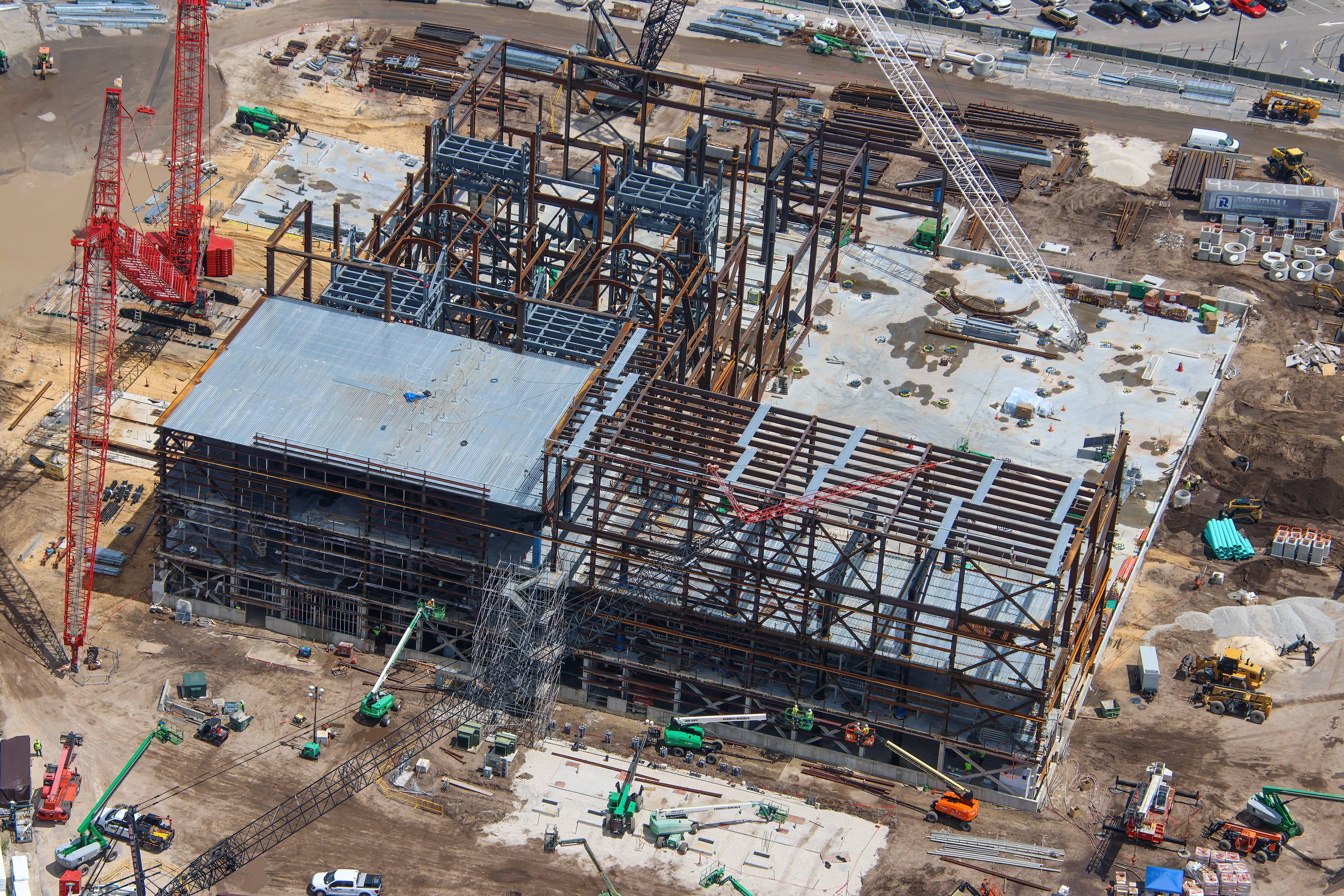 Aerial Views of Monsters Inc Flying Door Coaster Building Progress - August 6 2026