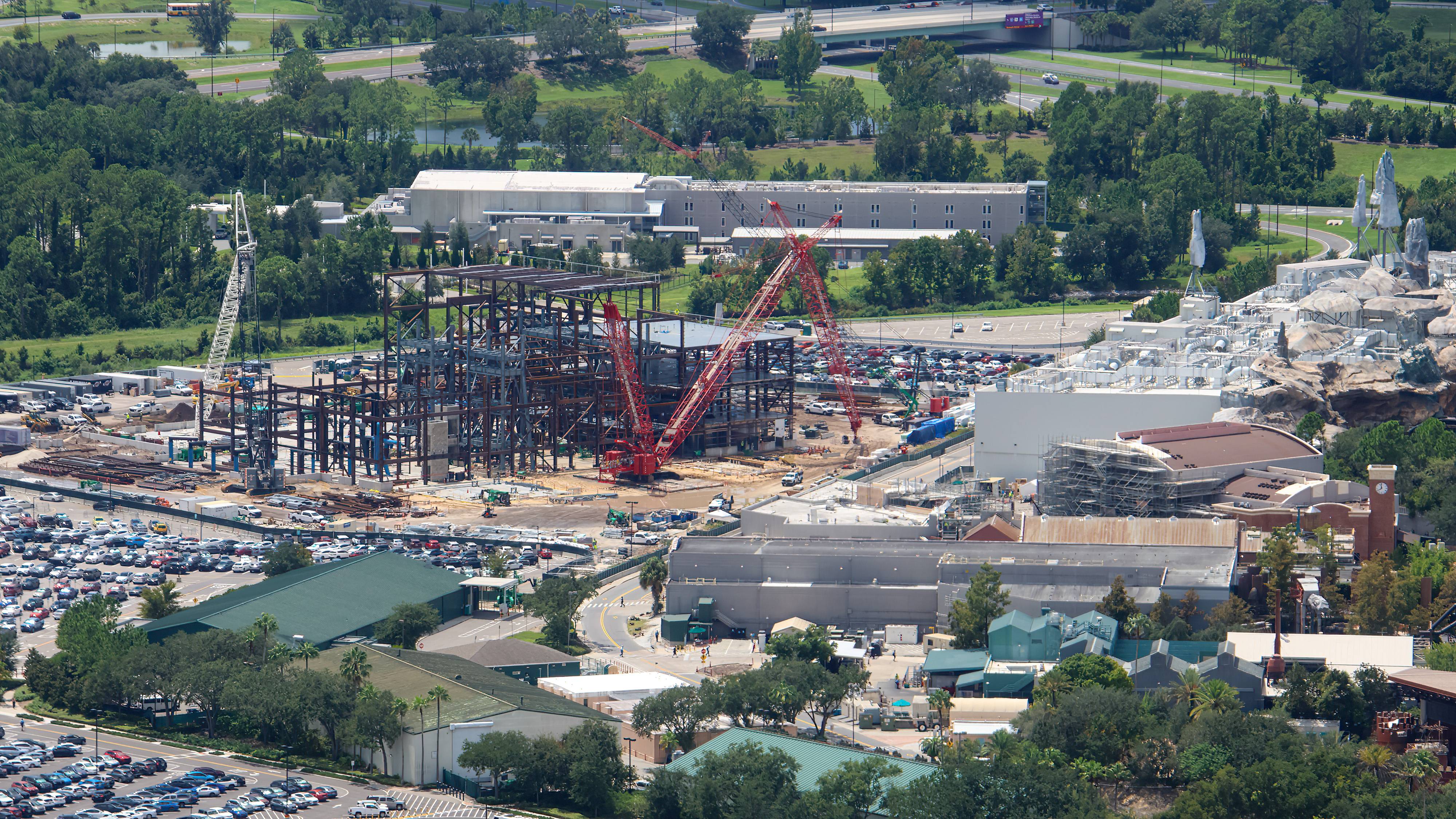 Aerial Views of Monsters Inc Flying Door Coaster Building Progress - August 6 2026