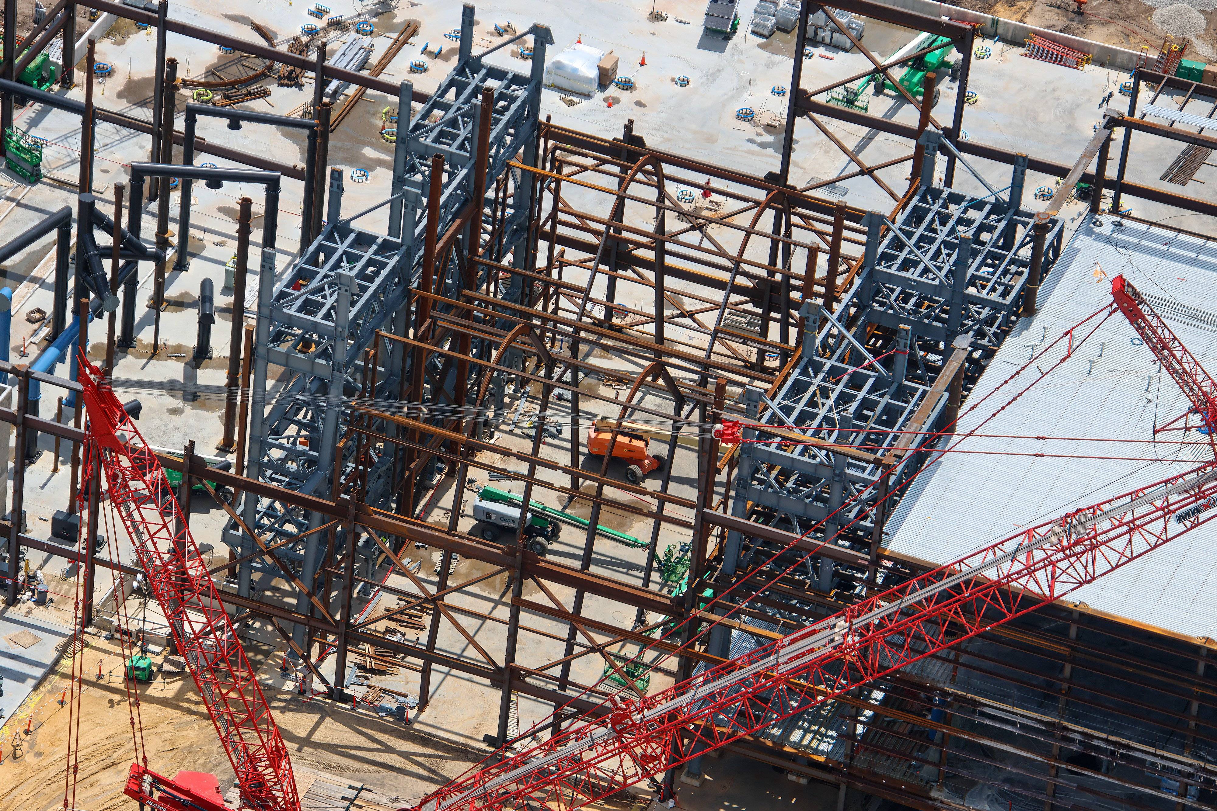 Aerial Views of Monsters Inc Flying Door Coaster Building Progress - August 6 2026