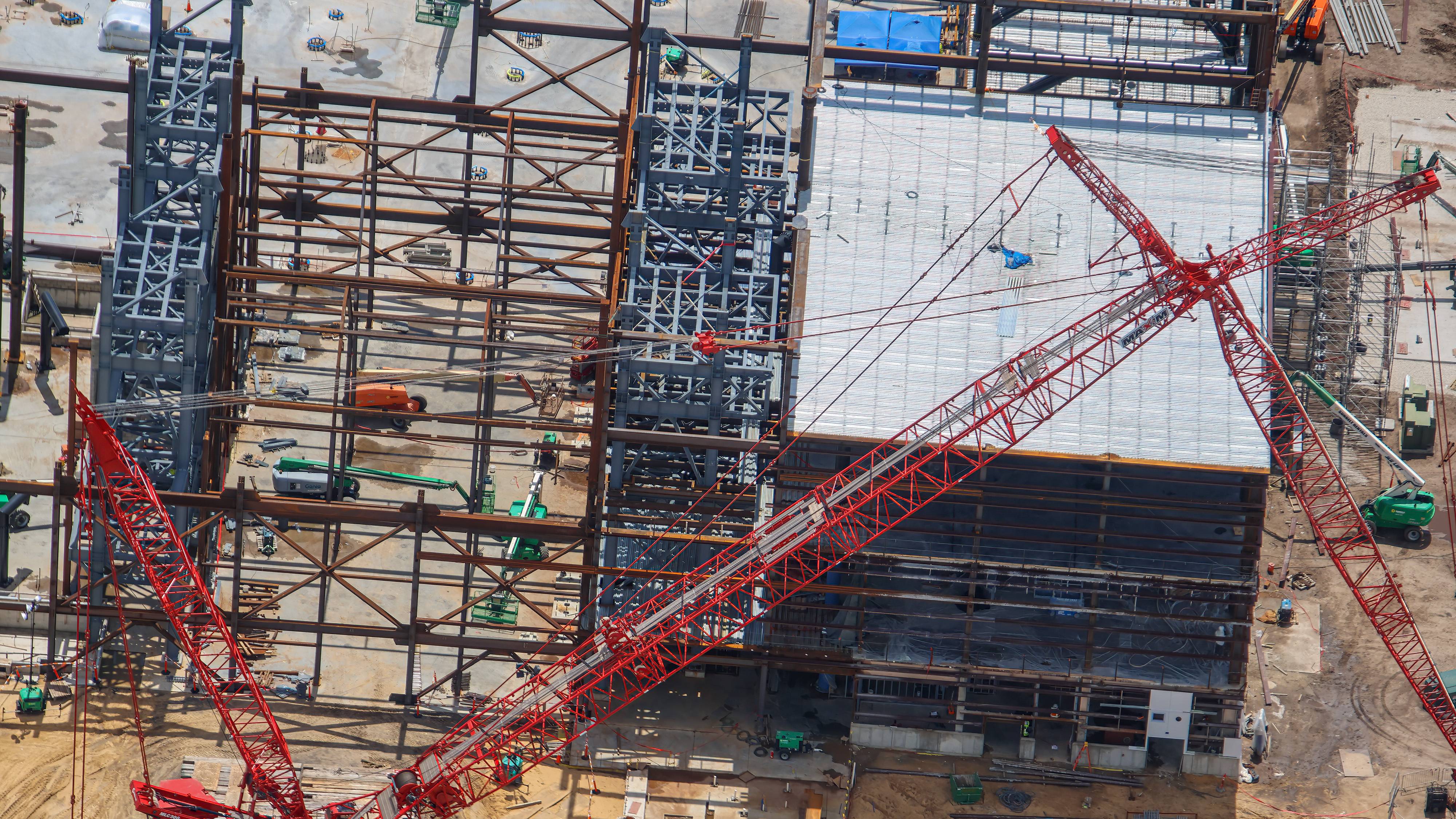 Aerial Views of Monsters Inc Flying Door Coaster Building Progress - August 6 2026