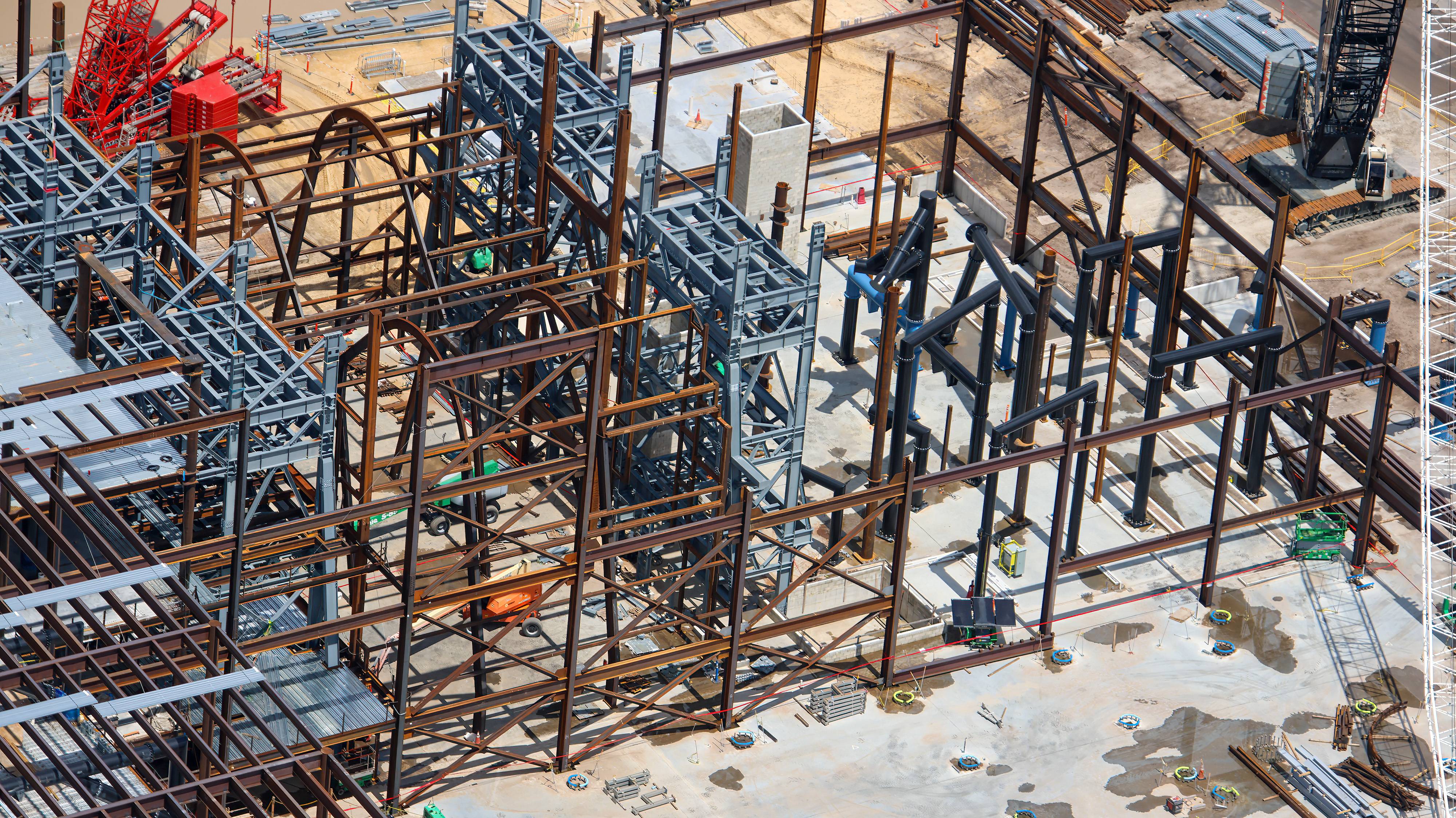 Aerial Views of Monsters Inc Flying Door Coaster Building Progress - August 6 2026