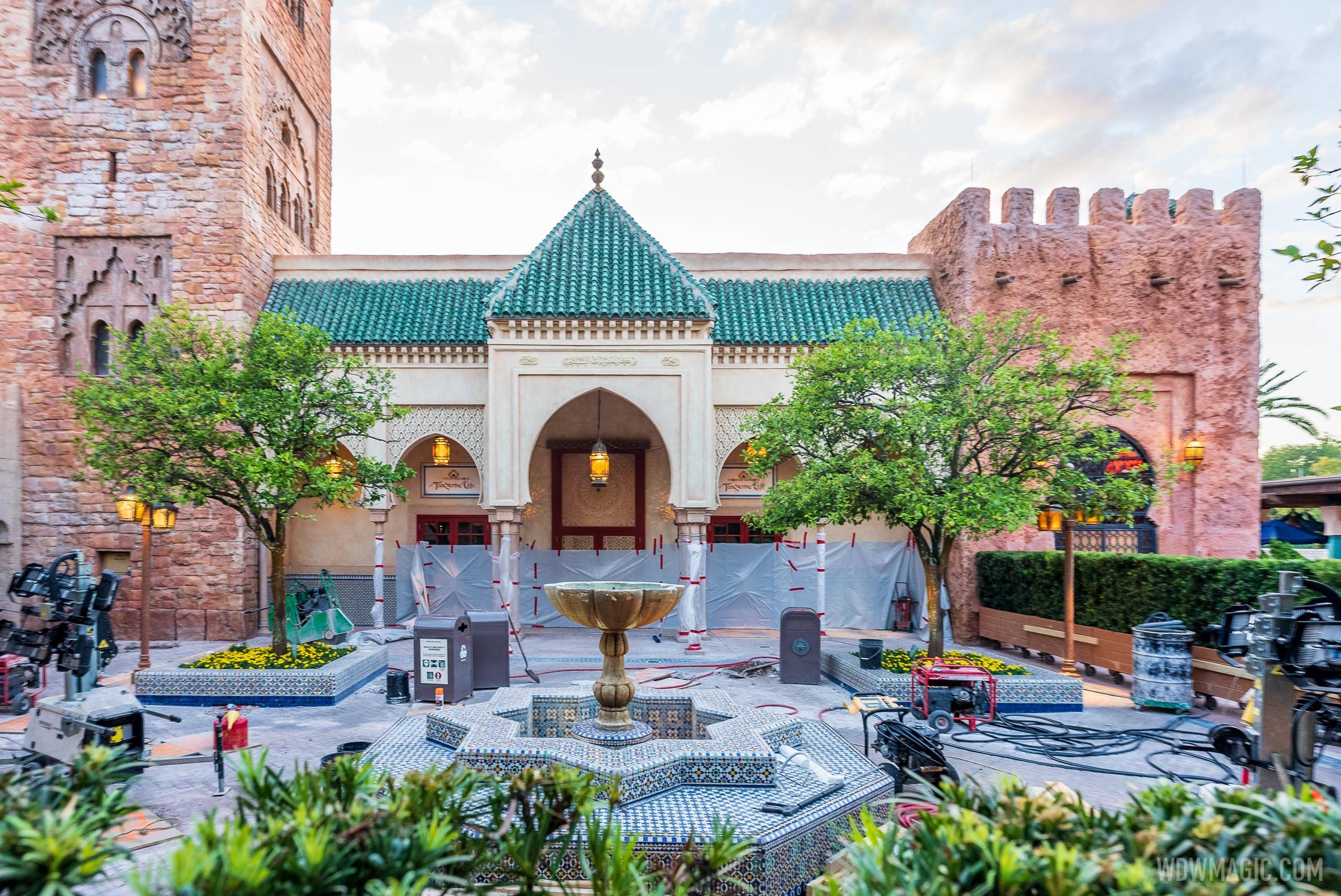 The central courtyard and fountain are behind construction barriers
