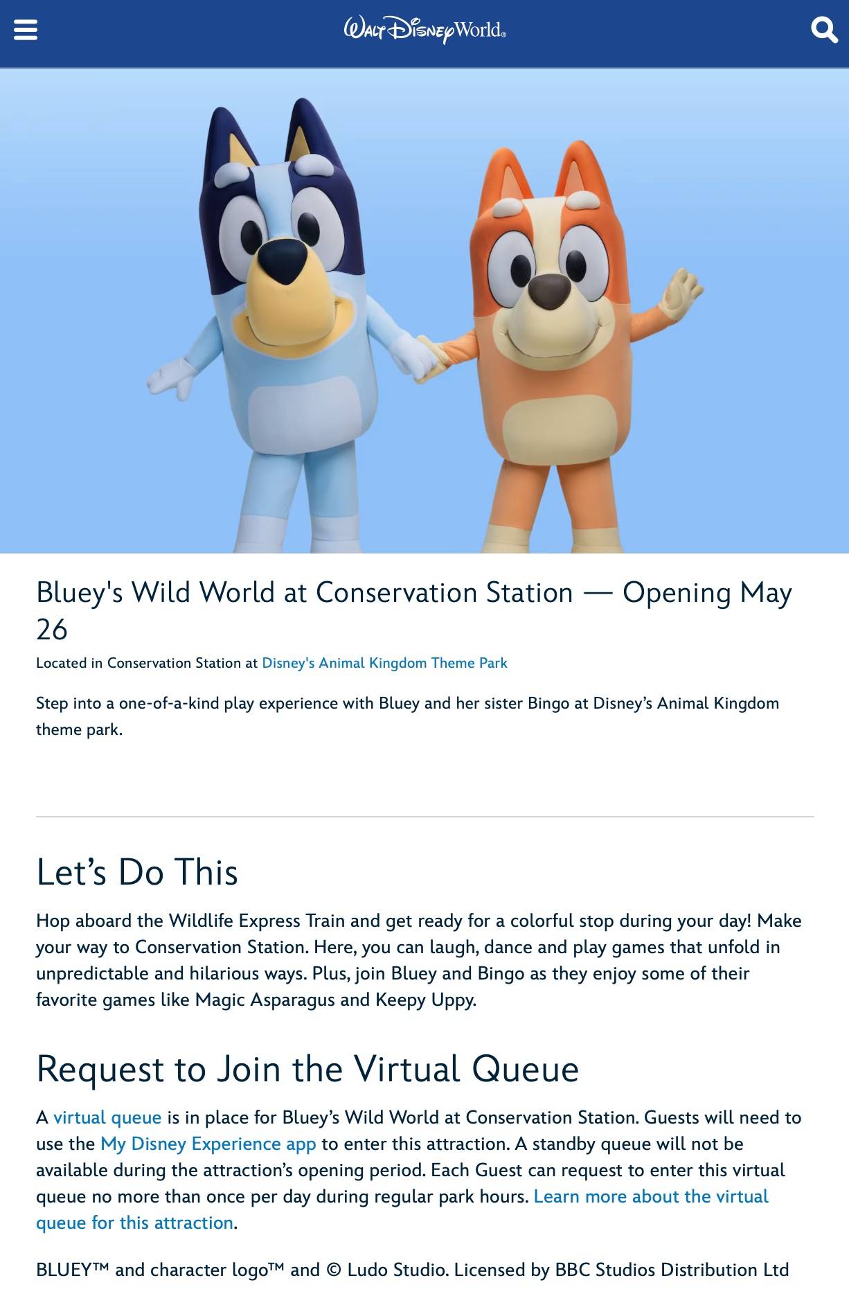 Bluey's Wild World at Conservation Station webpage on the official Disney World website