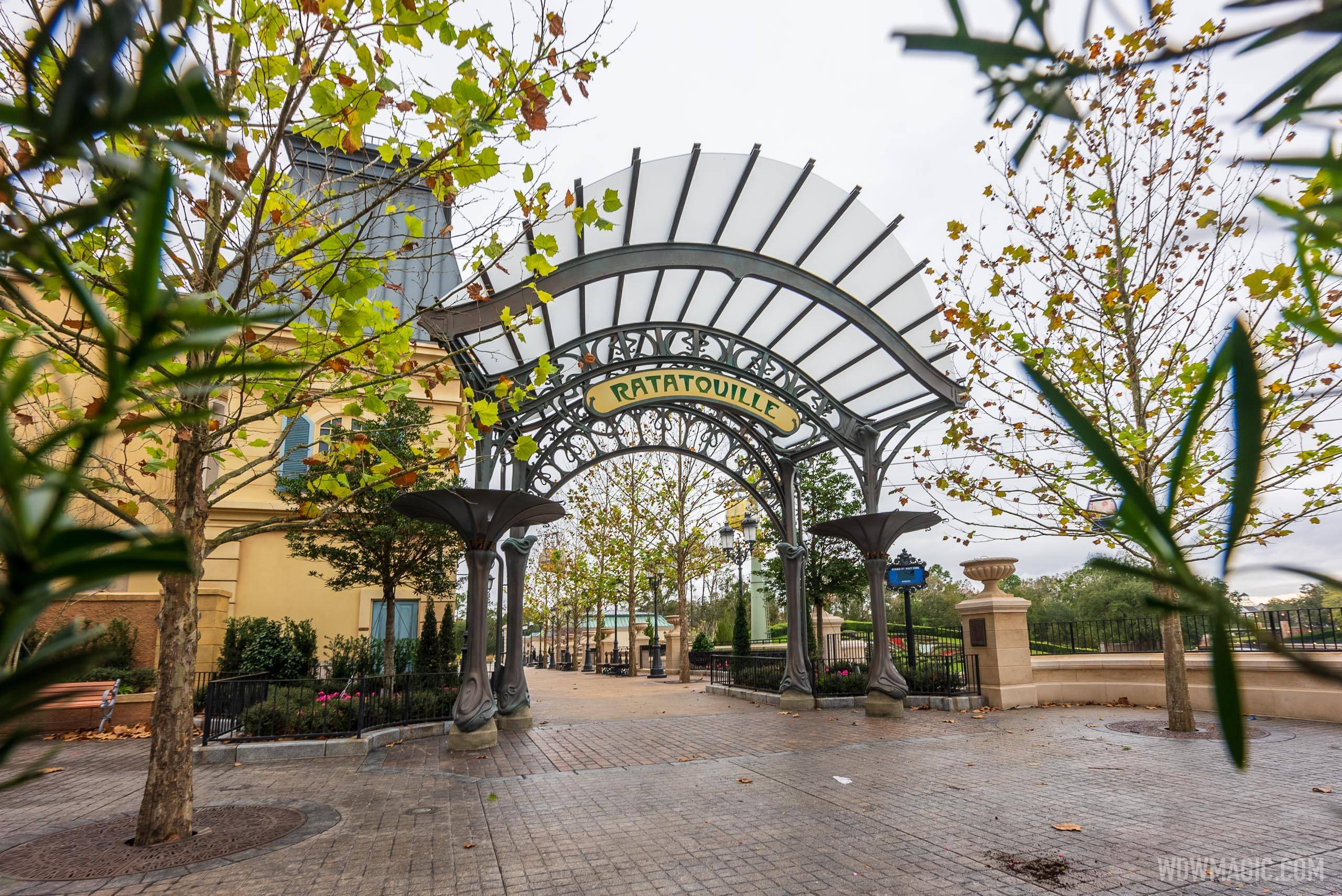 Construction walls down at Remy's Ratatouille Adventure entrance - January 12 2021