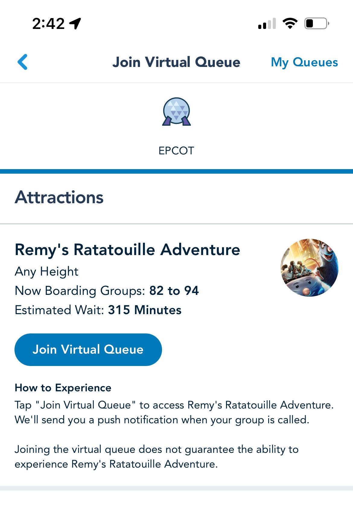 Remy's Ratatouille Adventure virtual queue October 1