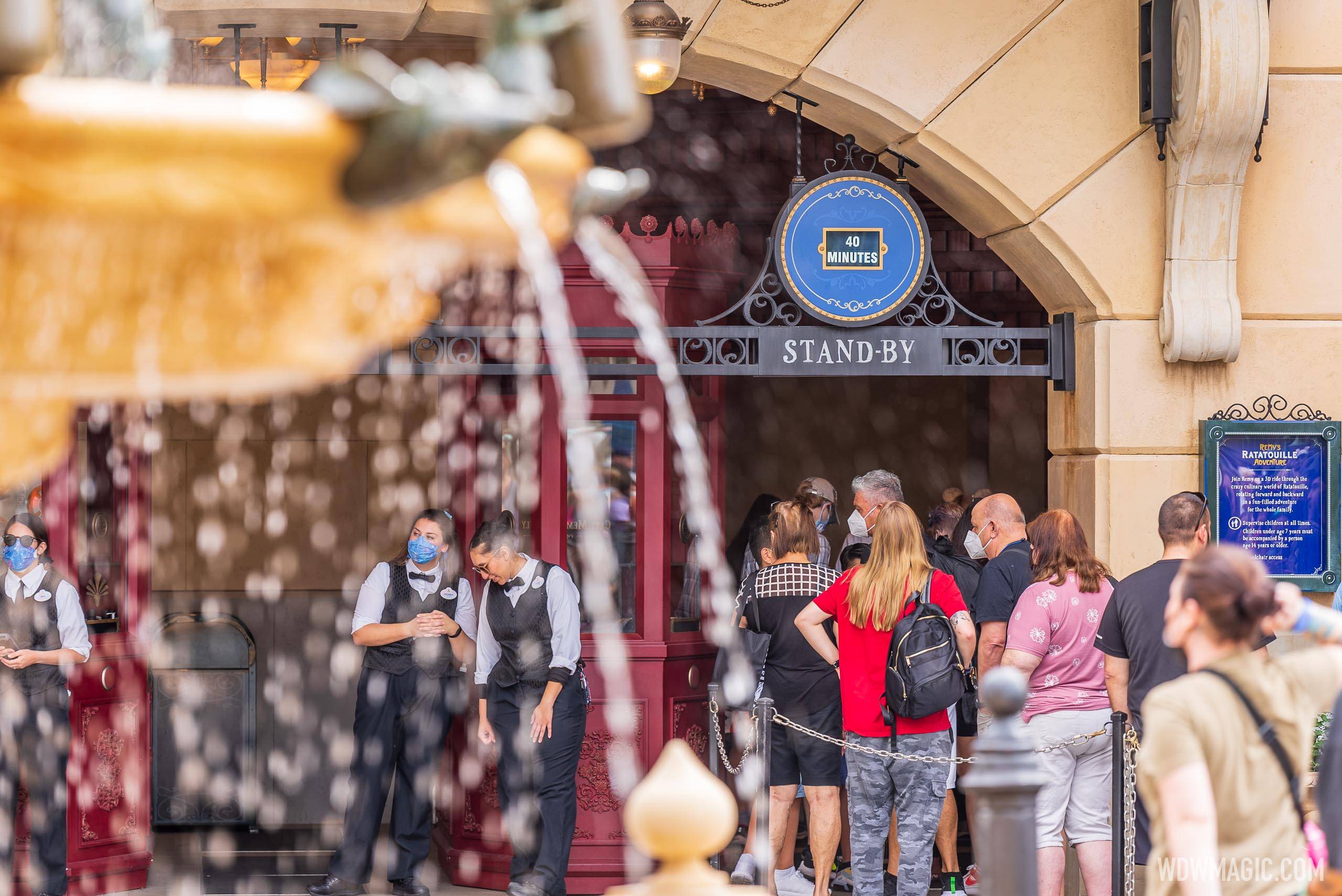 Standby line opens at EPCOT's Remy's Ratatouille Adventure with congested walkways but moderate wait times