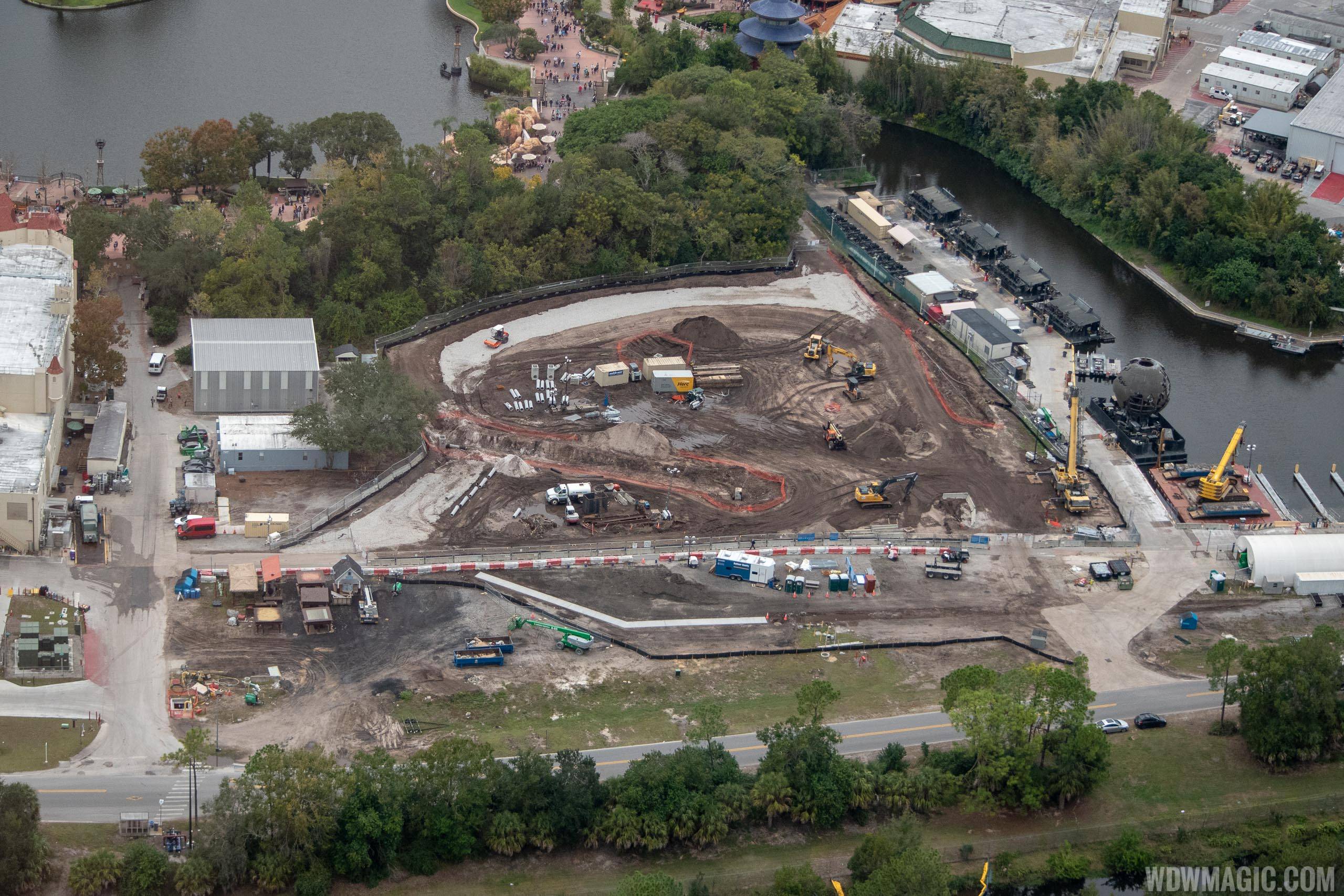 Aerial view of Epcot firework marina and construction site for future show preparations. Photo by @cchard