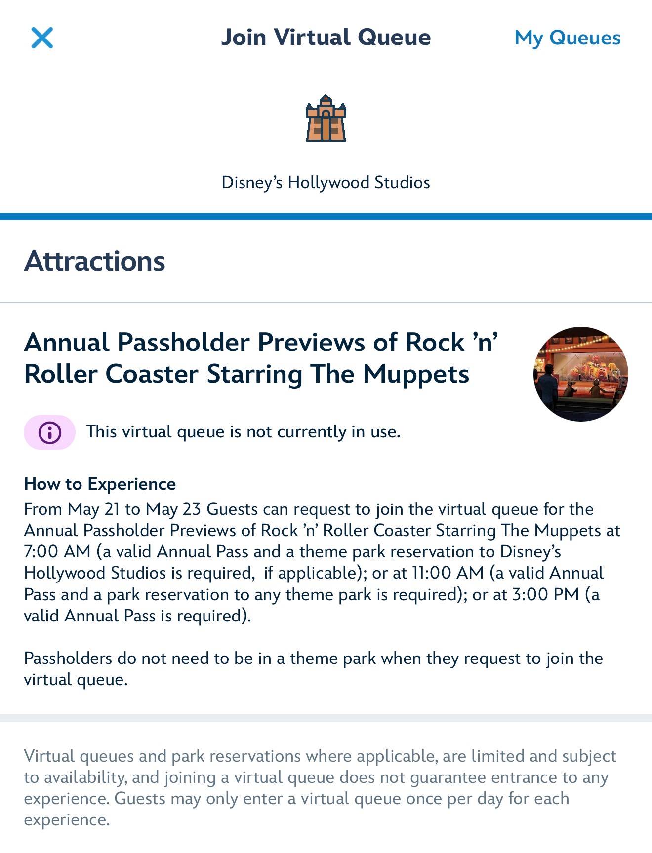 Rock 'n' Roller Coaster Virtual Queue in My Disney Experience App